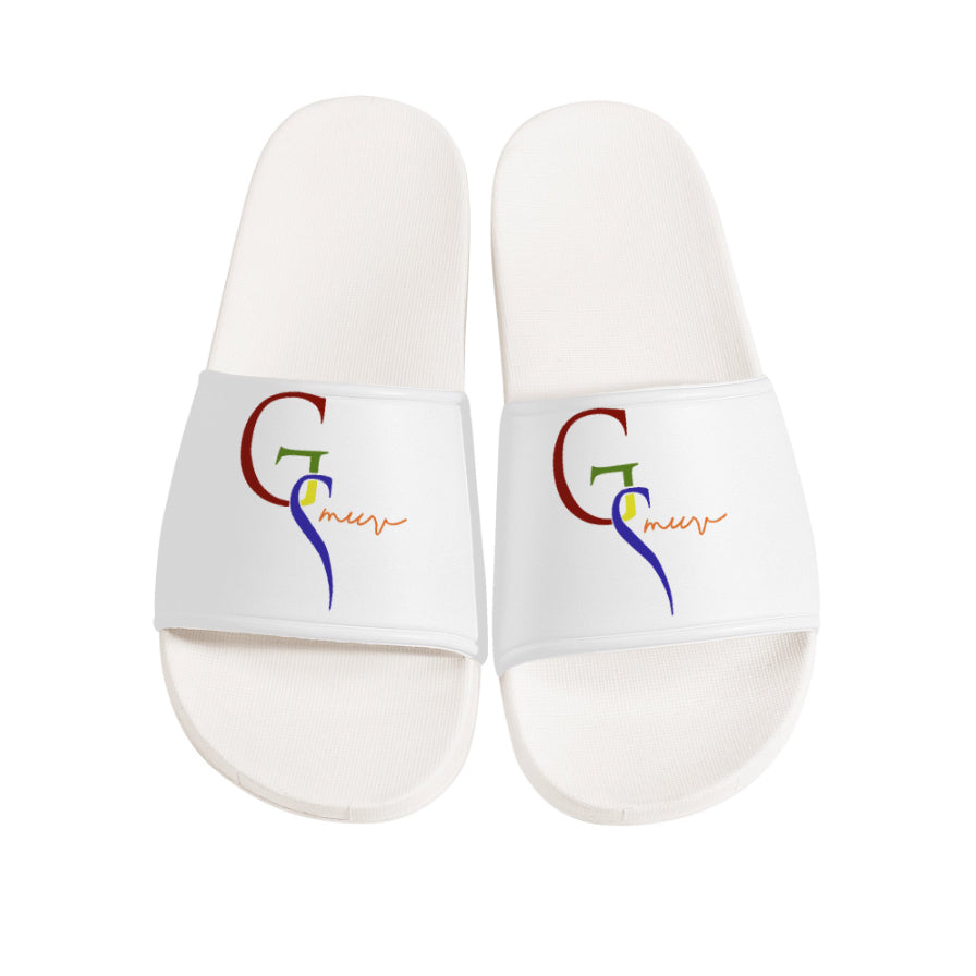 China white sandal slides with GSMUV logo on top in the colors of red blue green yellow and orange similar to google colors on a white background