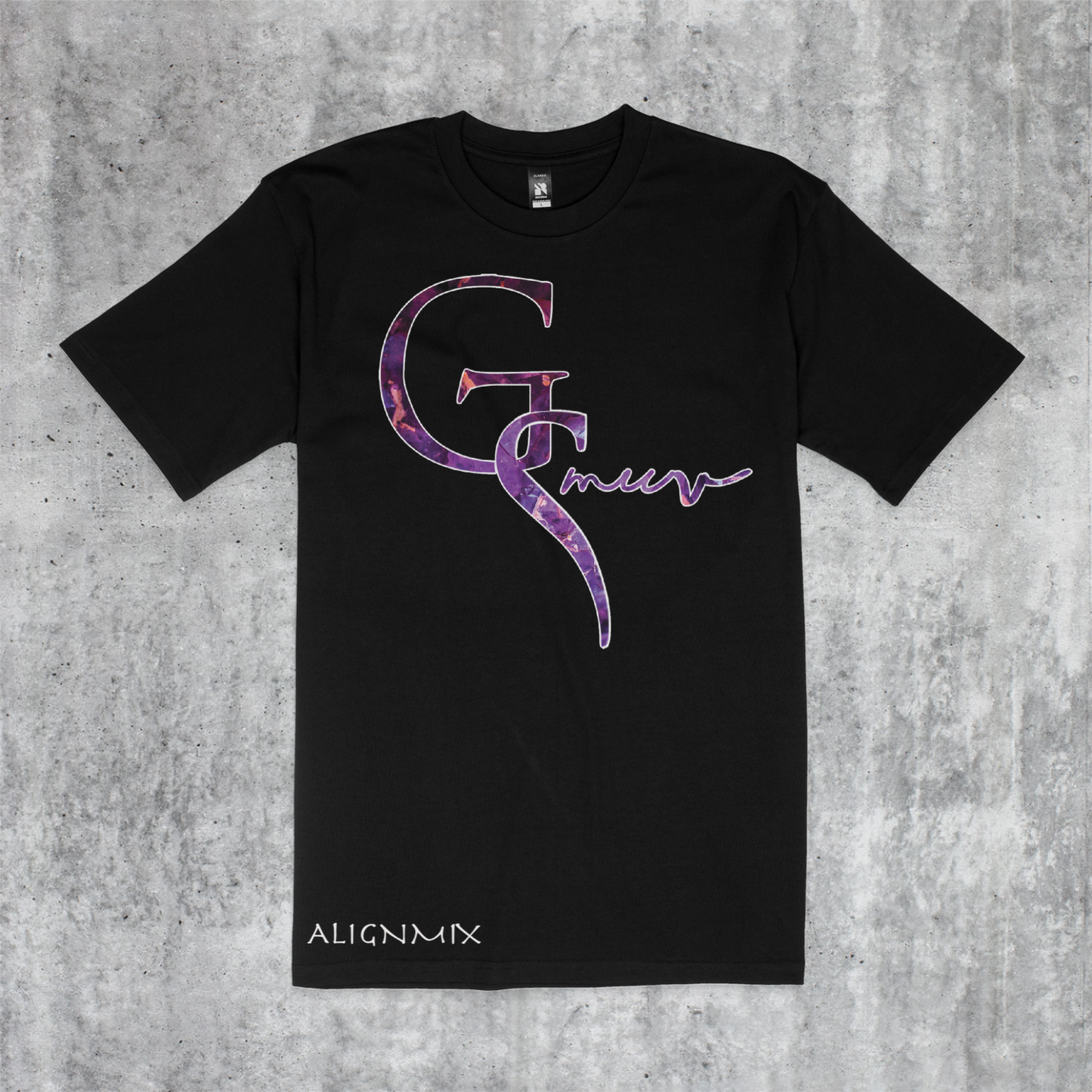 Fresh black t-shirt with GSMUV logo outlined in white made out of Amethyst crystal stone with Alignmix written at the bottom in white