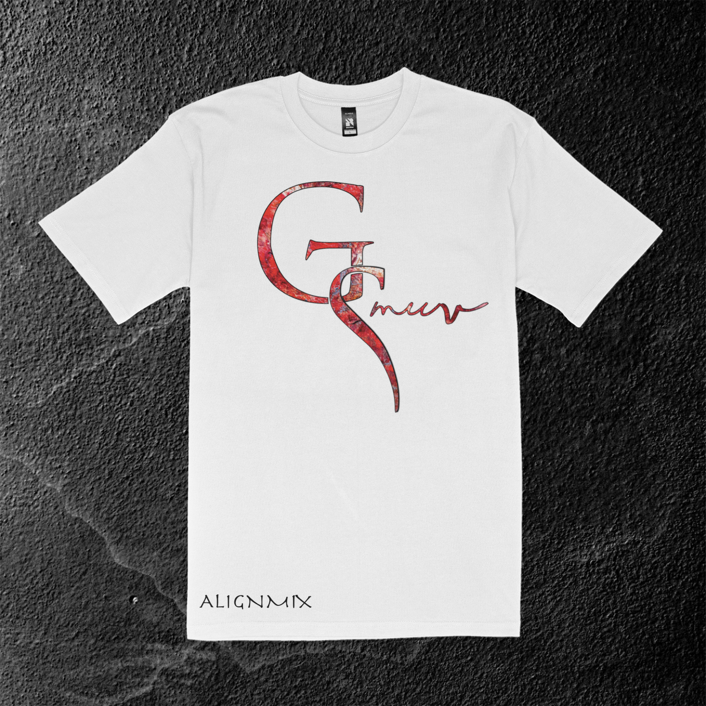 Cotton white t-shirt with GSMUV logo placed on it outlined in black made with Jasper crystal stone with Alignmix written at the bottom of the shirt on a black canvas