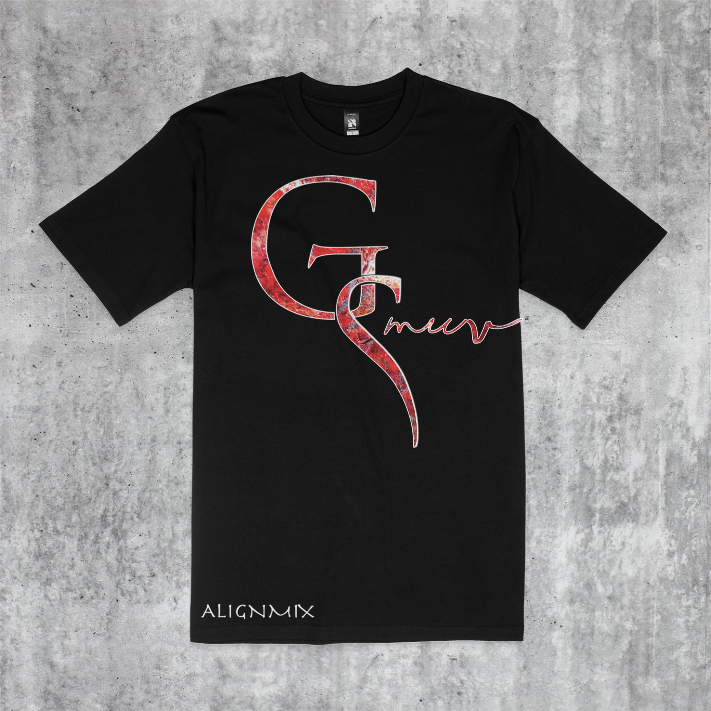 Plain black t-shirt with GSMUV logo on it traced in white with Alignmix written at the bottom of the shirt made out of Jasper crystal stone on a white and gray stone canvas.