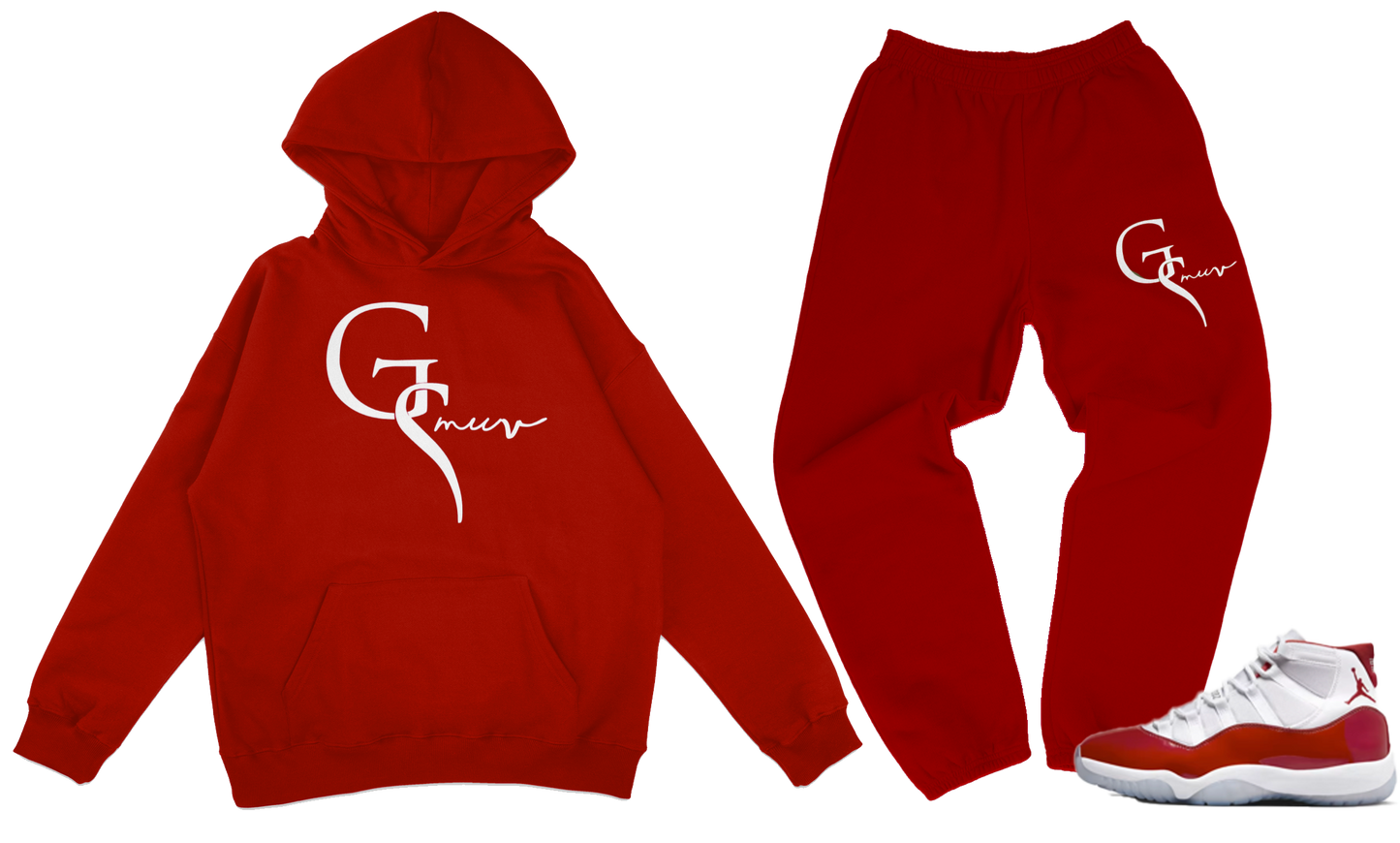 Red jogger set with white GSMUV logo. red and white Jordan 11 retro Cherry