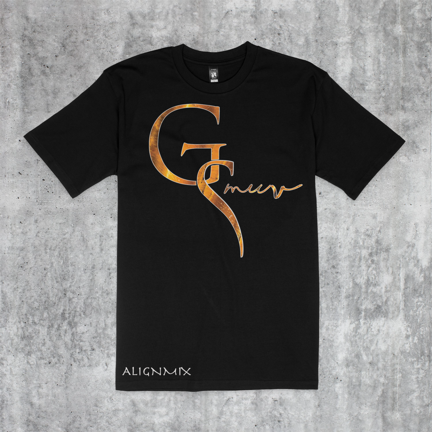 Jet black t-shirt with GSMUV logo on it traced in white made out of Tigers eye crystal stone with Alignmix written at the bottom on a white and gray gradient canvas