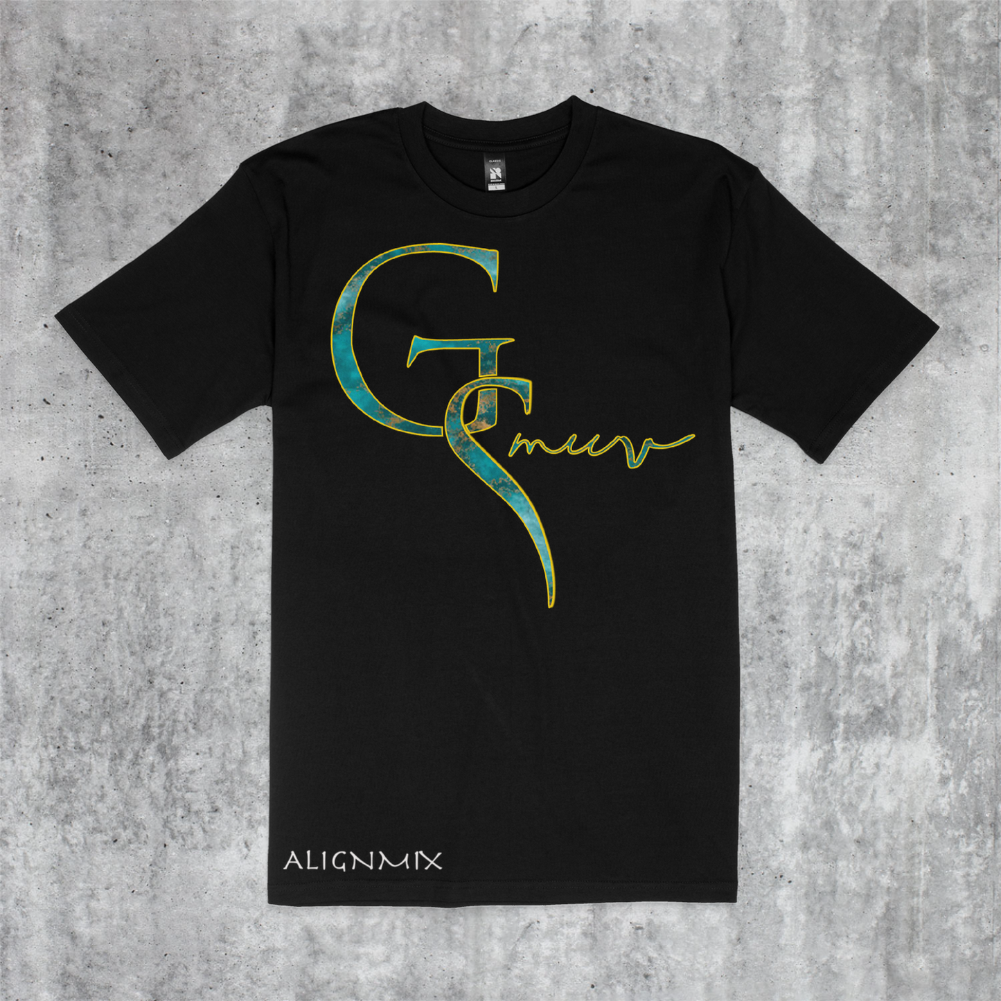 Plain black t-shirt with GSMUV logo outlined in gold made with turquoise crystal stone with white Alignmix written at the bottom on a gray black and white gradient stone background