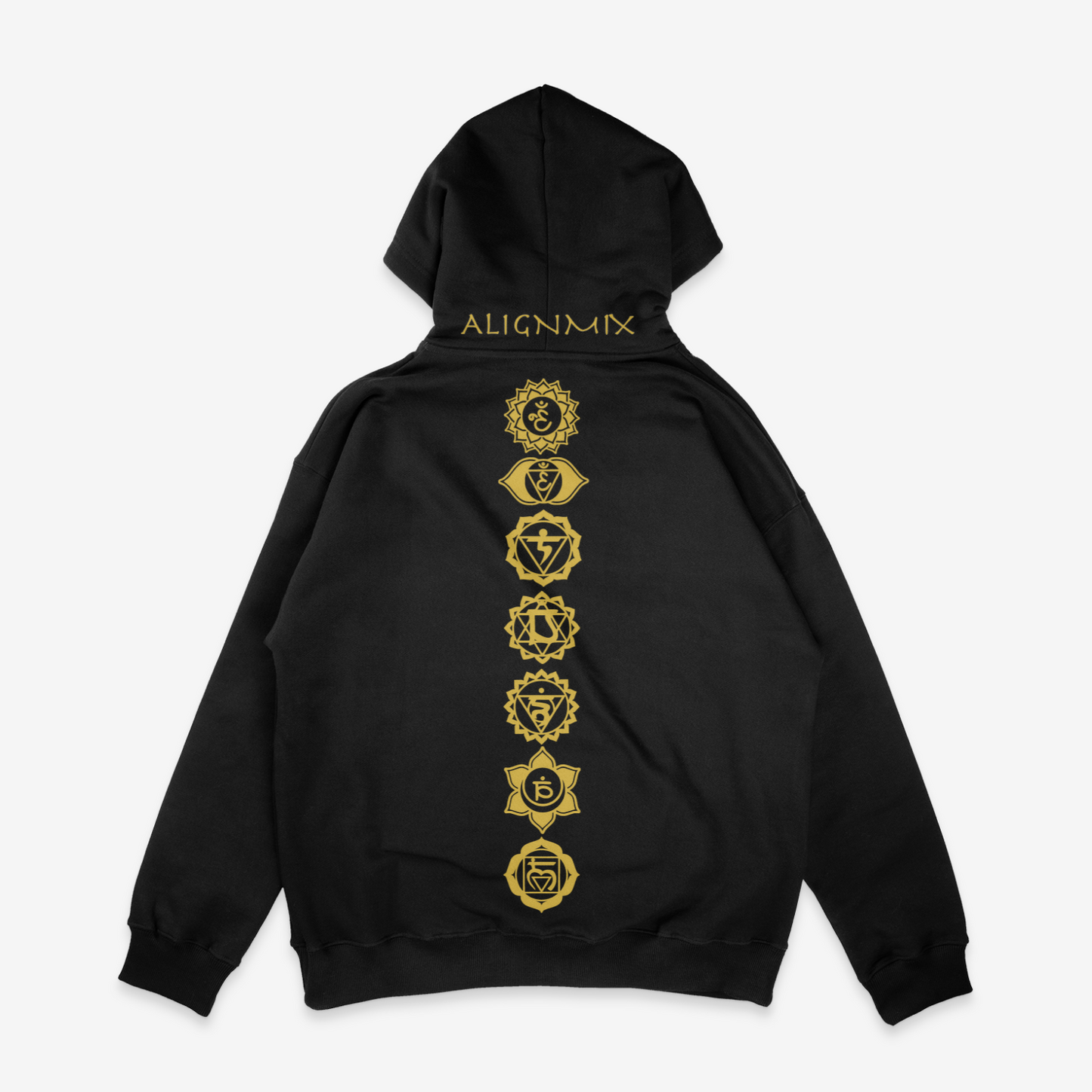 Solid black GSMUV-Alignmix "528 ReLearn Emotion " Hoodie in gold letters on a white canvas showing the backside of the image