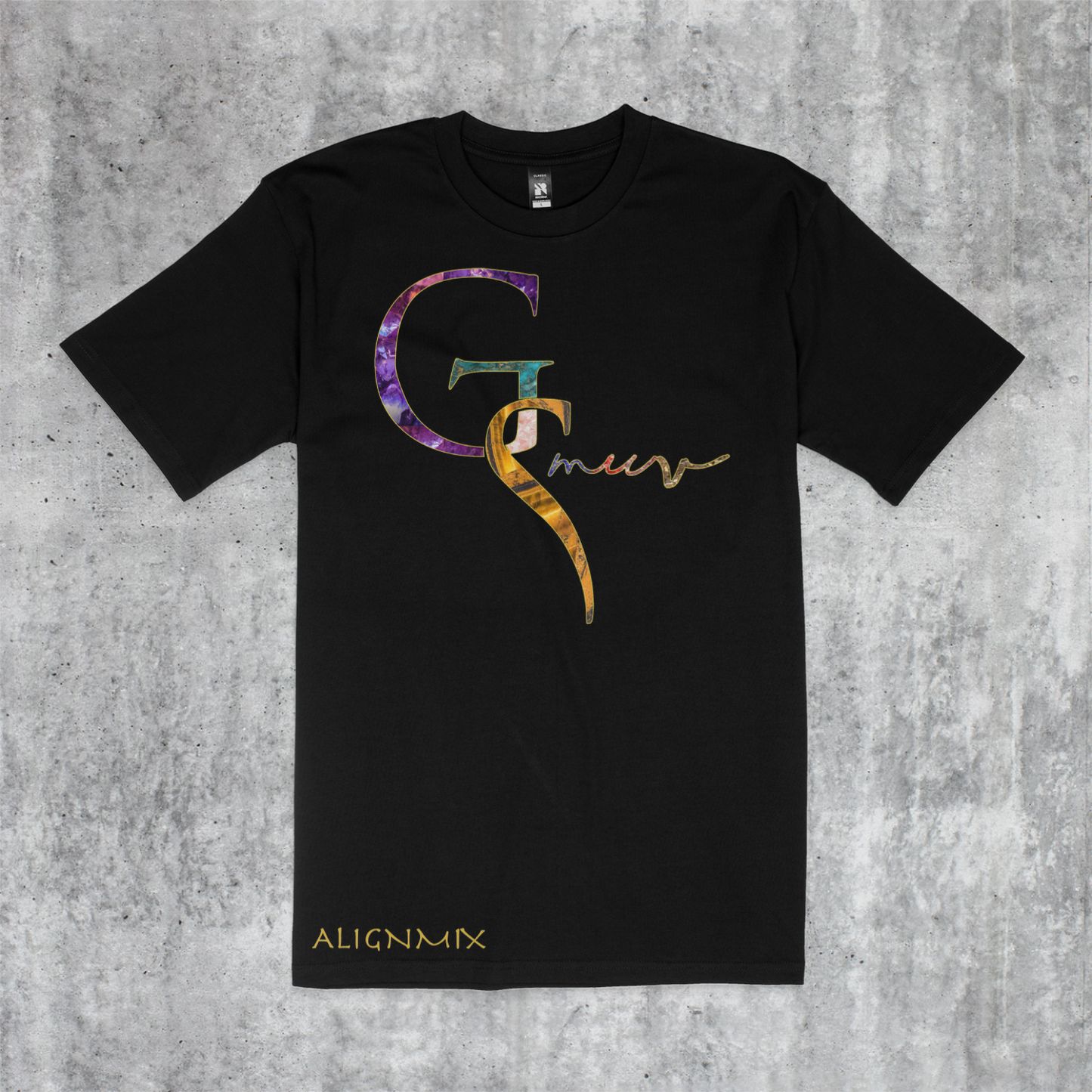 Stylish black T-shirt with GSMUV alignmix logo with gold outline.