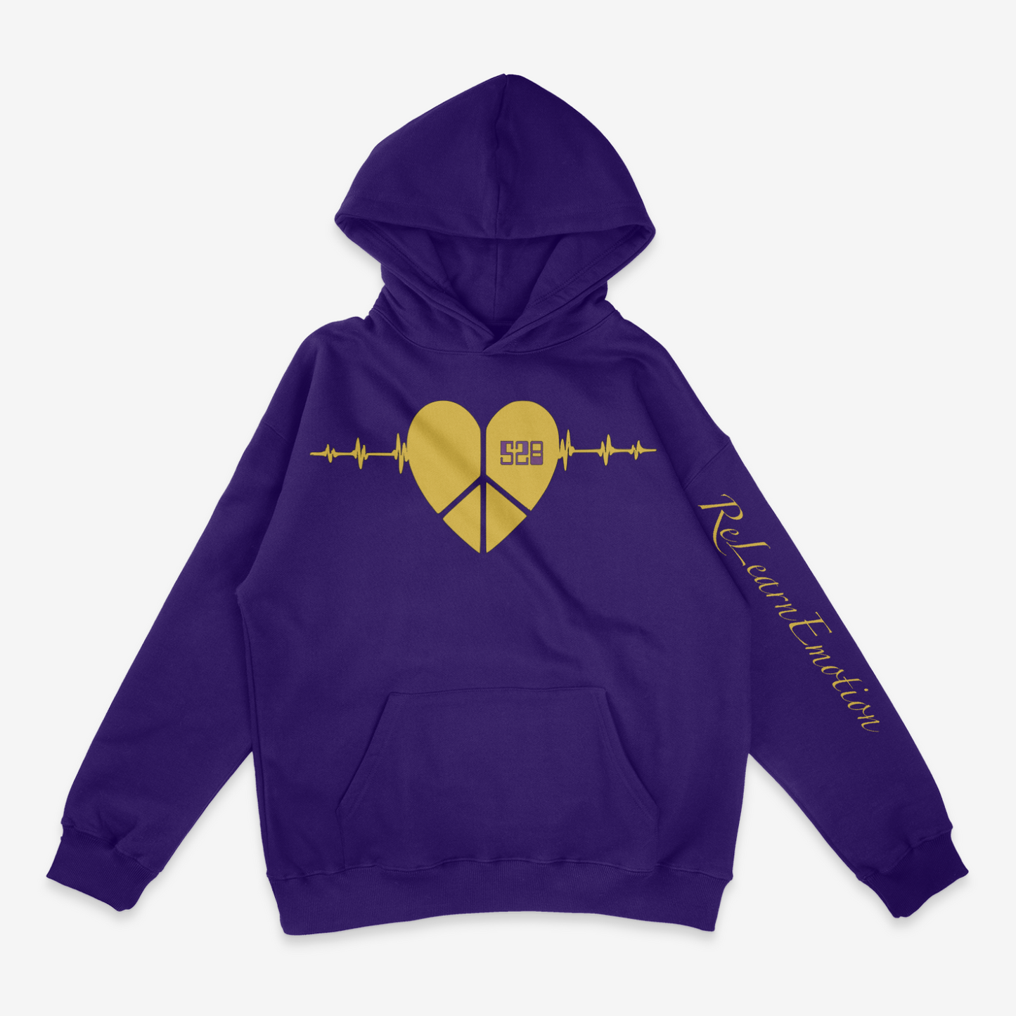 Grape purple GSMUV-Alignmix "528 ReLearn Emotion " Hoodie in gold letters on a white canvas showing the frontside of the image
