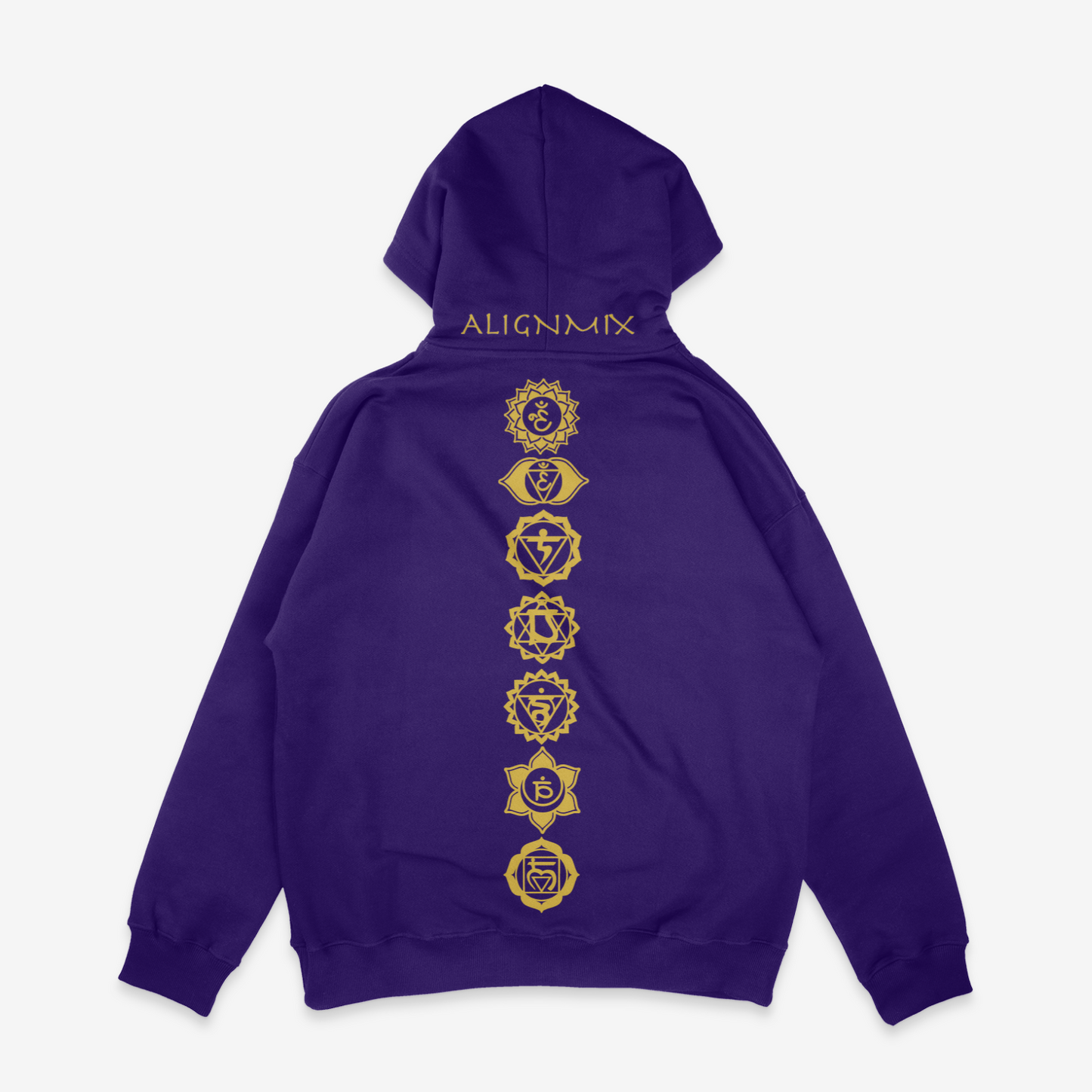 Dark Purple GSMUV-Alignmix "528 ReLearn Emotion " Hoodie in gold letters on a white canvas showing the backside of the image with the chakra mantras coming down the back