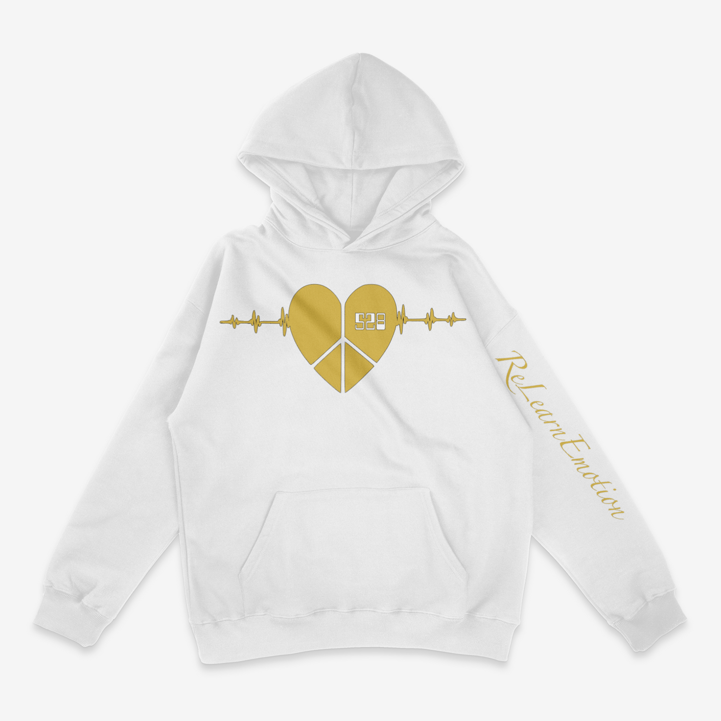 Plain white GSMUV-Alignmix "528 ReLearn Emotion " Hoodie with gold letters capturing the front of the image with The gold 528 heart logo traced in black with Relearn Emotion coming down the front left sleeve