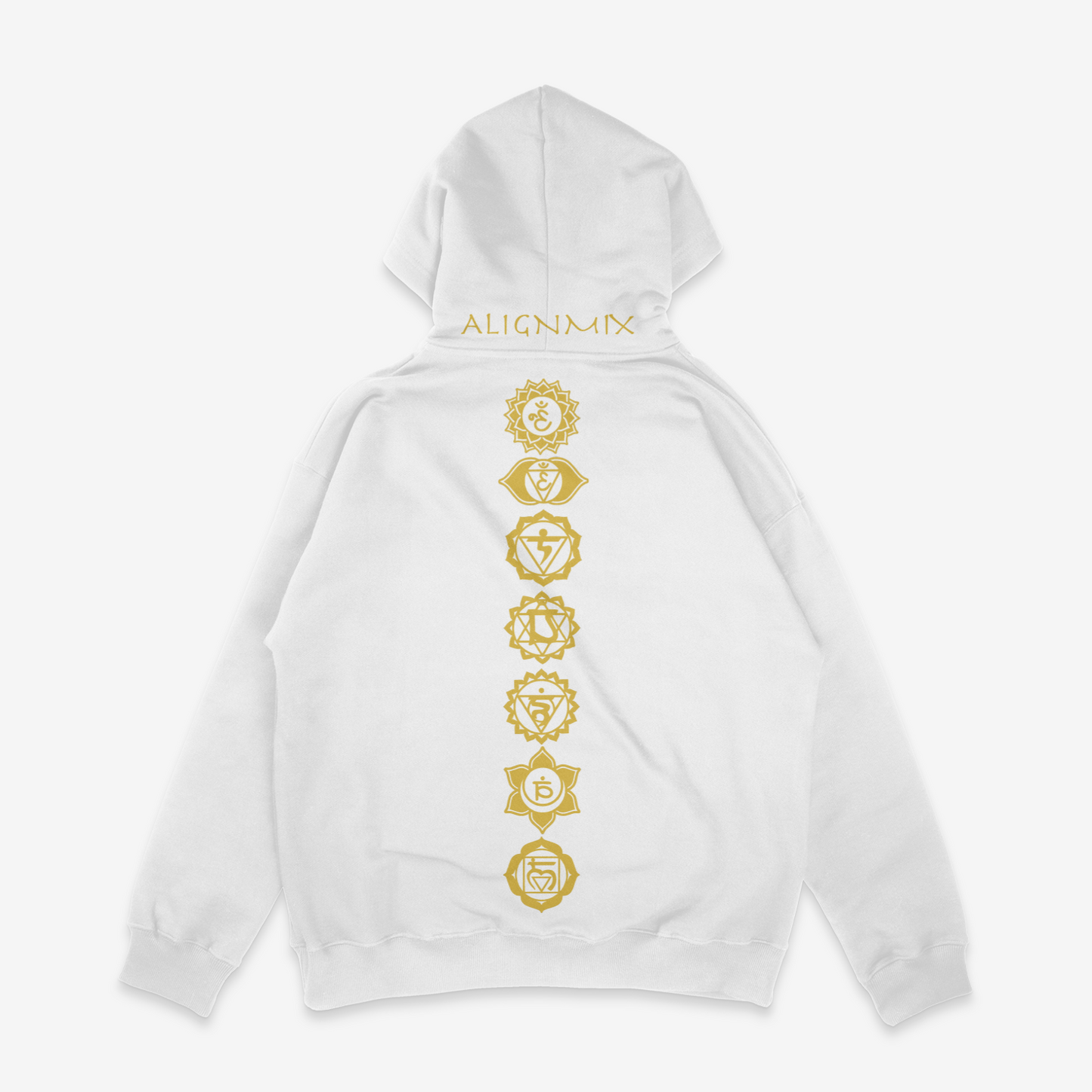 New white GSMUV-Alignmix "528 ReLearn Emotion " Hoodie in gold letters with the 7 chakra symbols showing the back of the image on a white canvas
