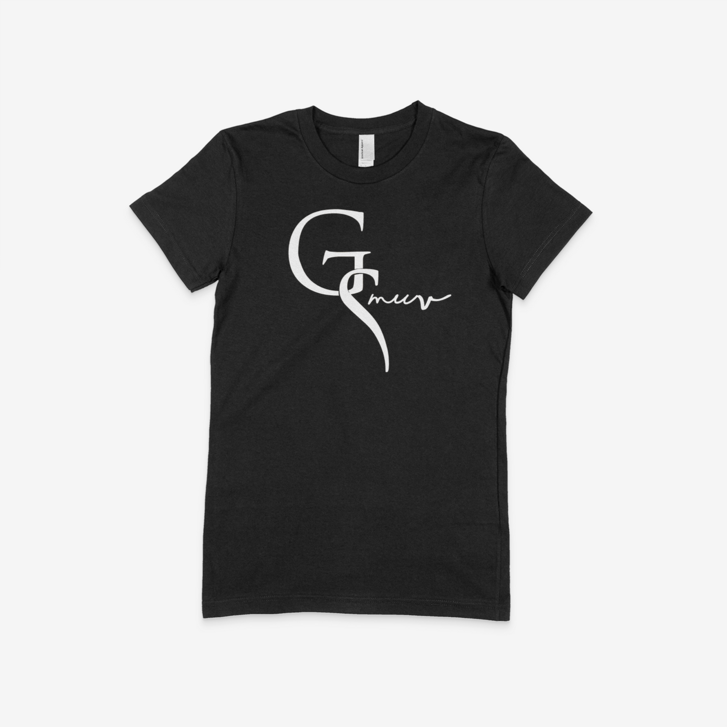 dark black colored women t-shirt with a white GSMUV logo on front with a white background.