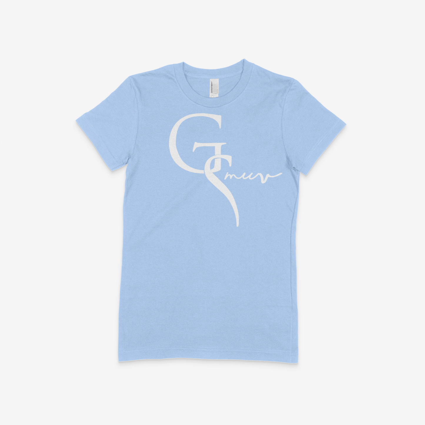 Baby blue women t-shirt with a white GSMUV logo on front with a white background