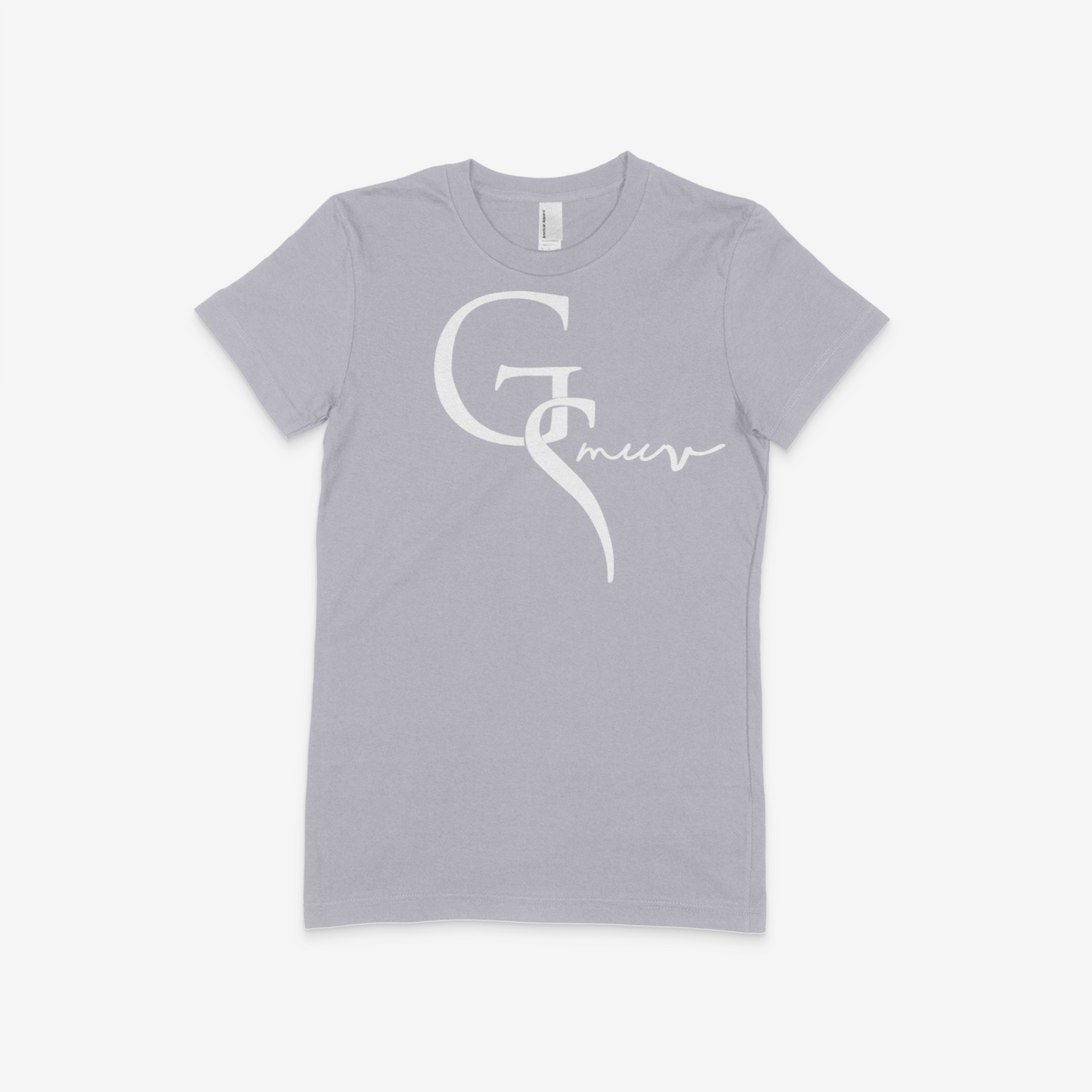 All gray colored women t-shirt with a white GSMUV logo on the frontside on a white canvas