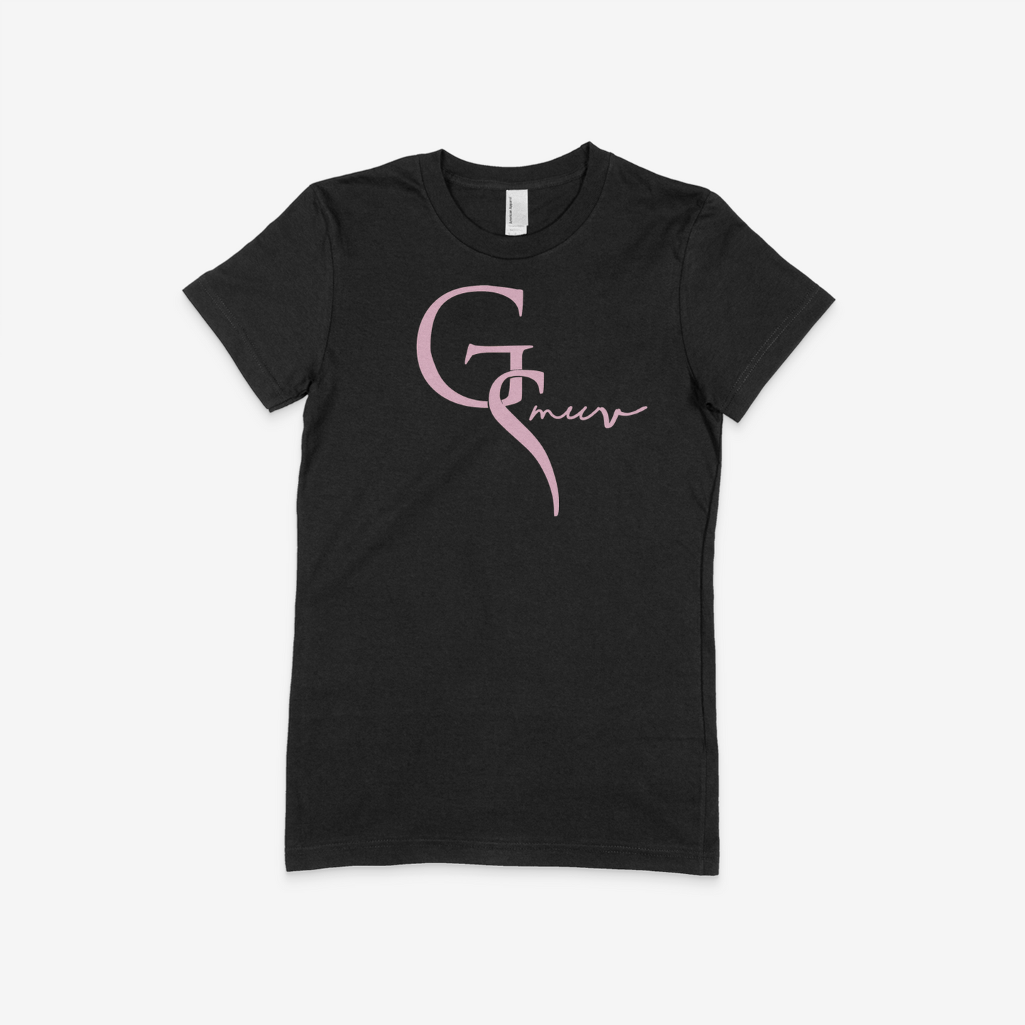 Trendy back women t-shirt with a pink GSMUV logo on the frontside of the shirt on a white canvas