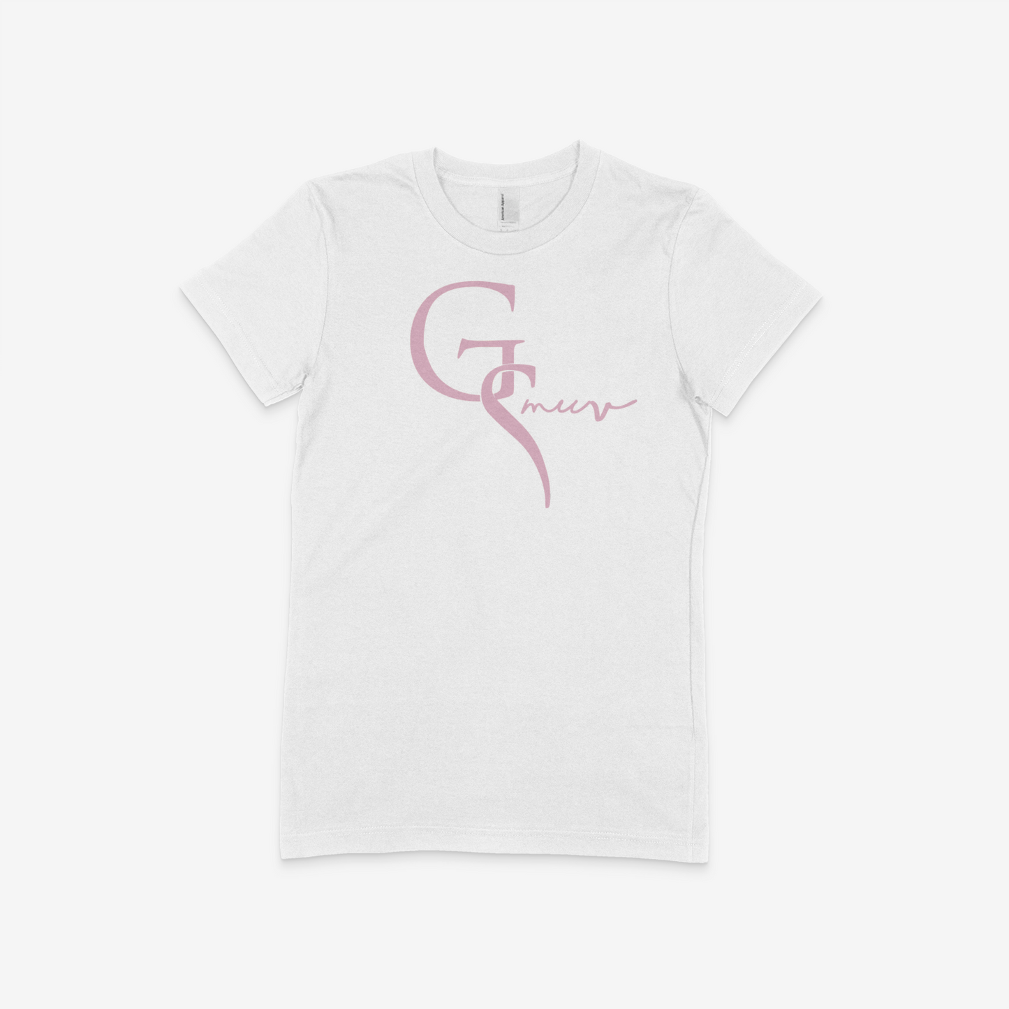 Crew neck white women t-shirt with a pink GSMUV logo on front with a white background