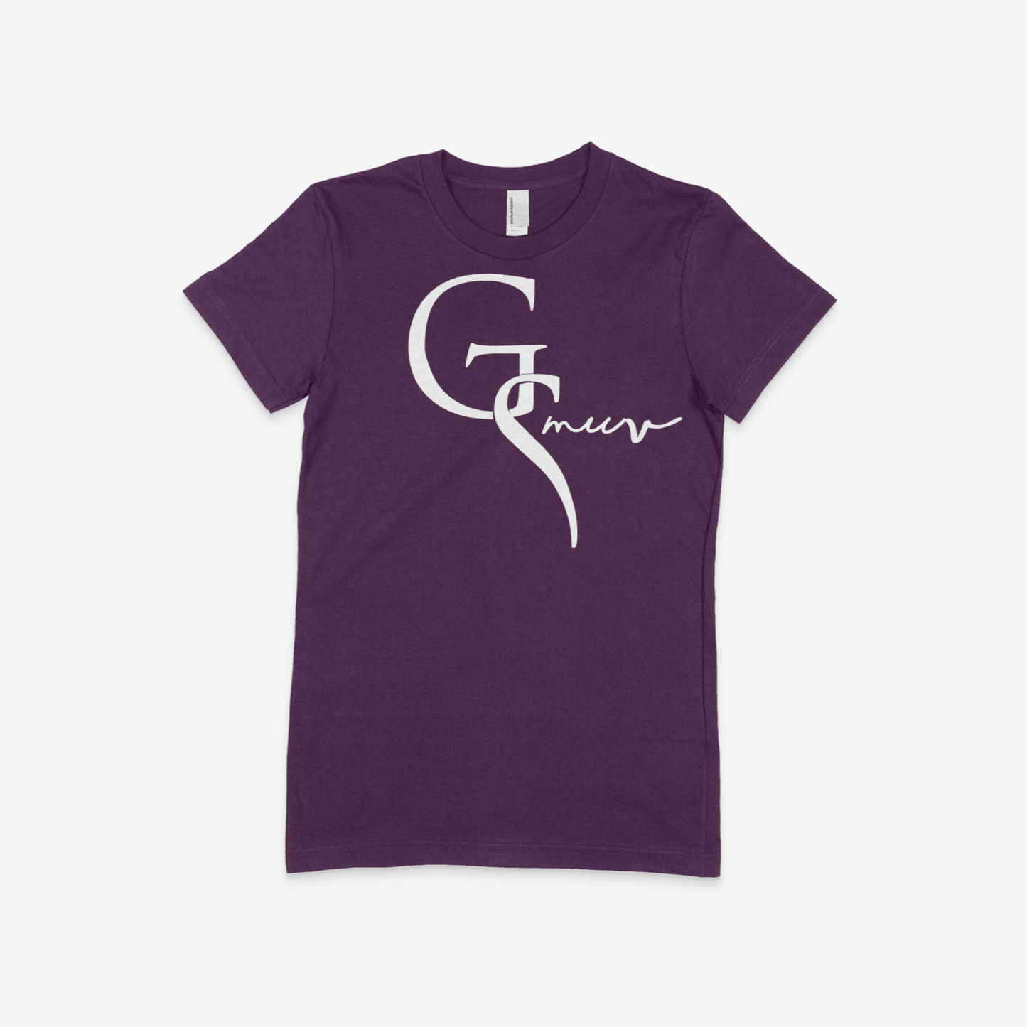Passion Purple women t-shirt with a white GSMUV logo on the front with a white background
