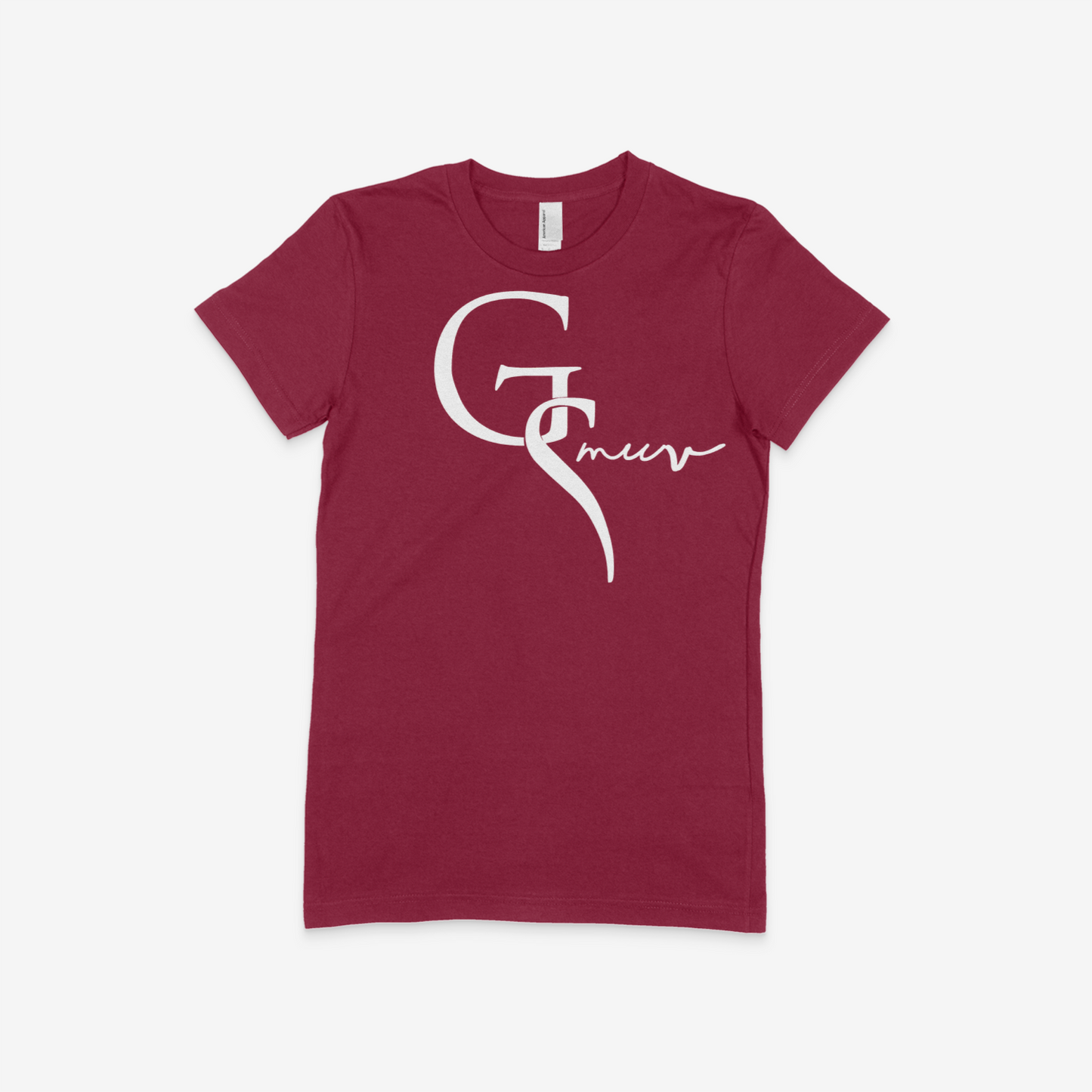 dark red women t-shirt with a white GSMUV logo on it with a white background