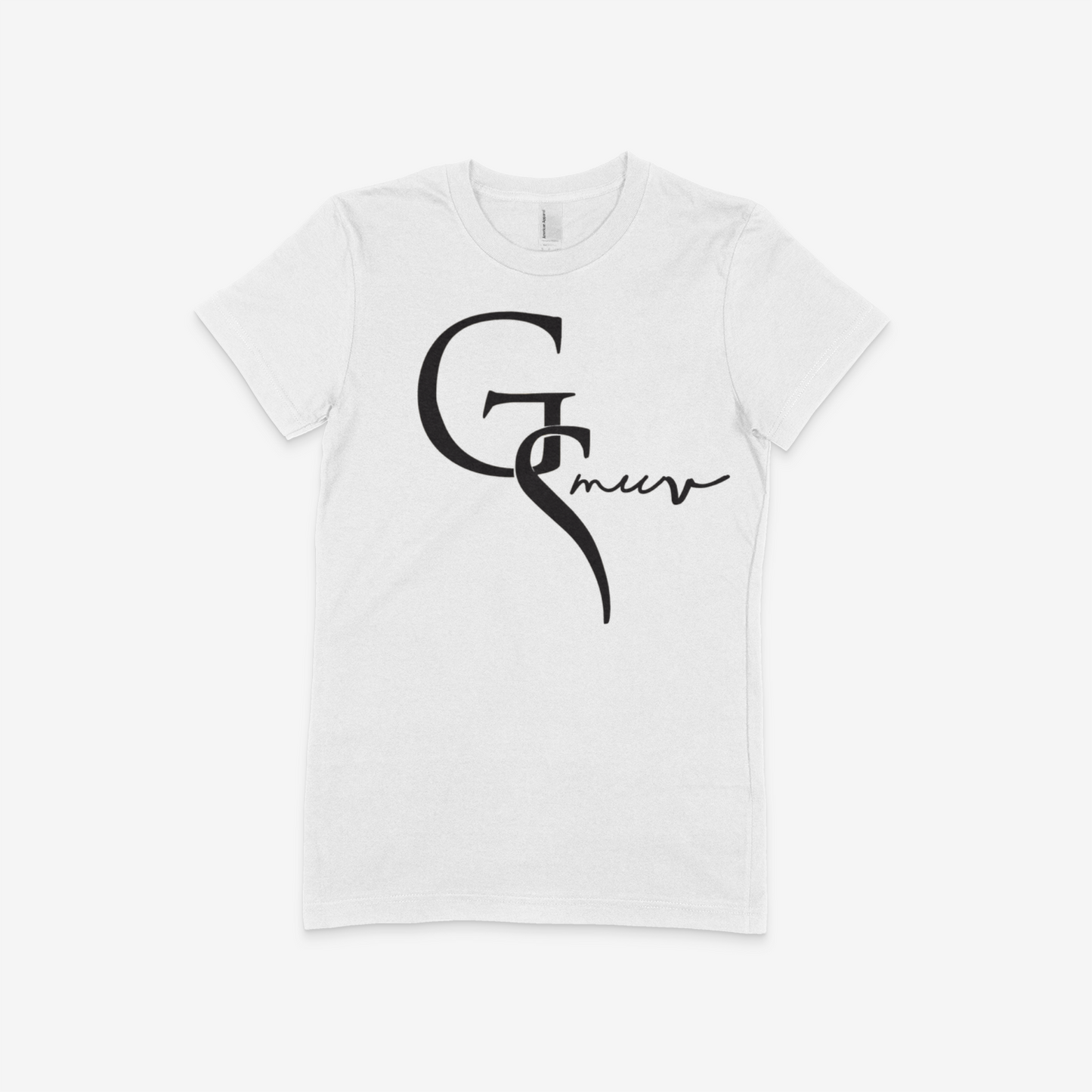 all white women t-shirt with a black GSMUV logo on it with a white background