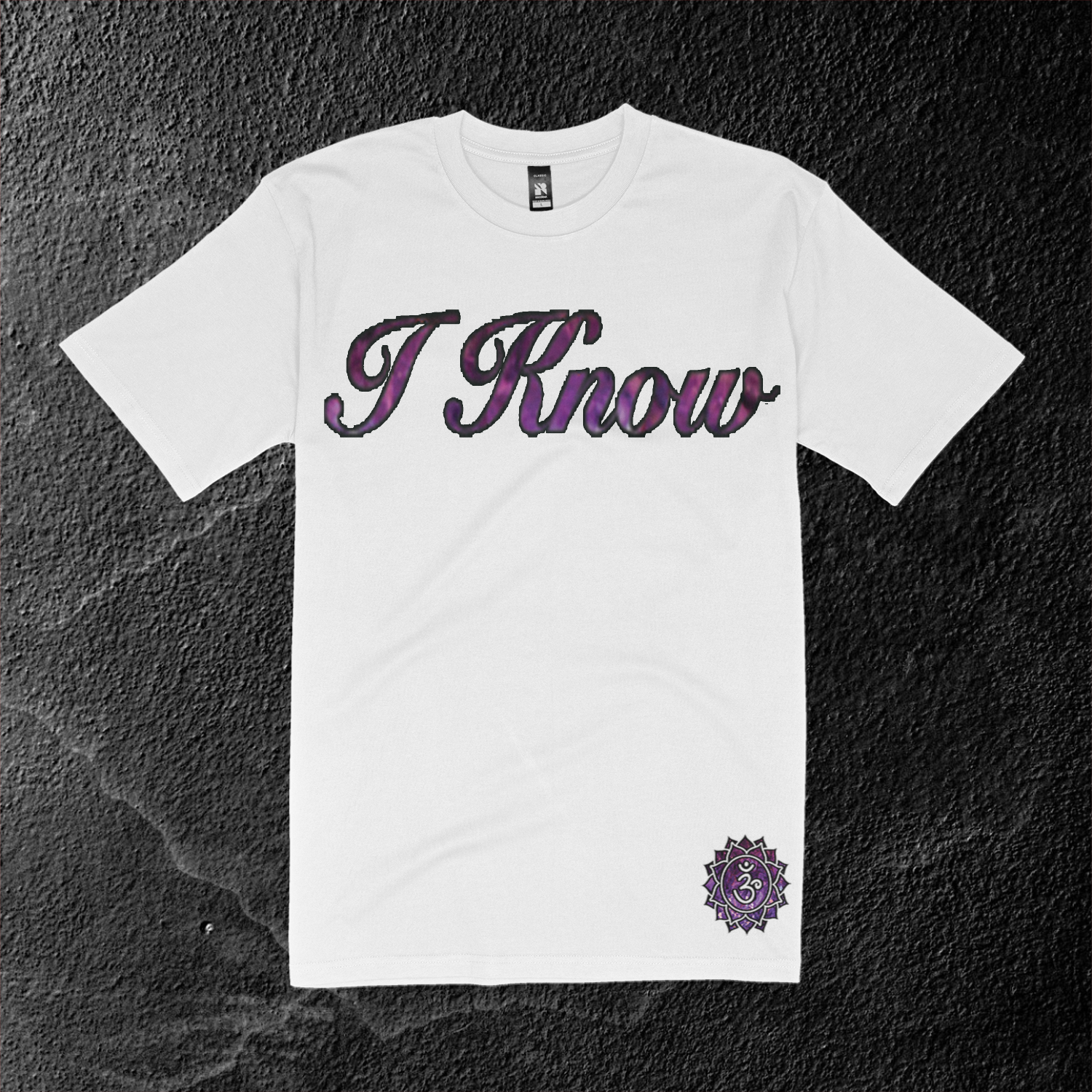White t-shirt with the text "I know." printed on it in Amethyst Stone and outlined in black, in a cursive font. The text is centered on the shirt and is large and easy to read.