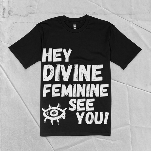 The image you sent shows a black t-shirt with the text "HEY DIVINE FEMININE SEE YOU!" printed on it in white.
