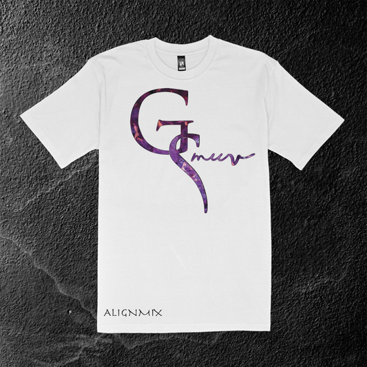 flashy white t-shirt with GSMUV logo made with Amethyst crystal stone with Alignmix at the bottom in black