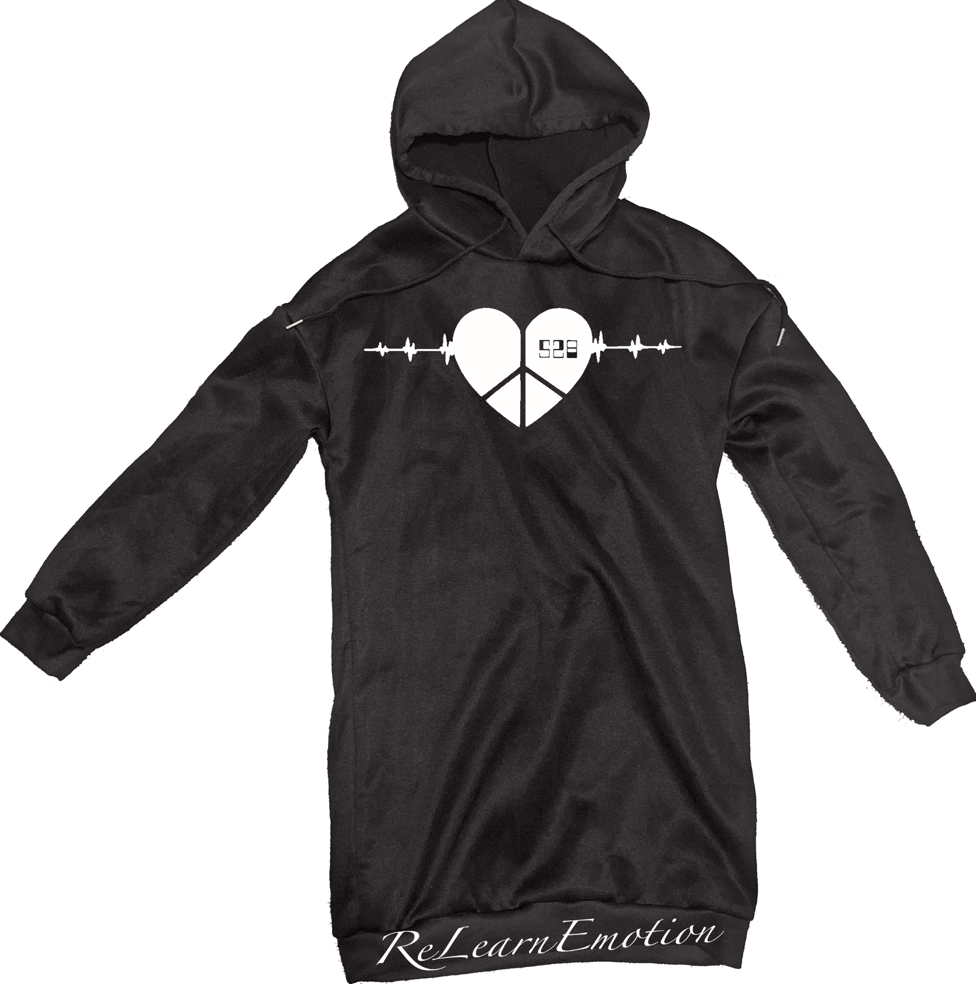 pitch black long sleeve GSMUV hoodie dress with white 528 Alignmix Relearn Emotion logo with a heart and peace and love sign inside of the heart with volume frequencies coming from the sides of the heart.