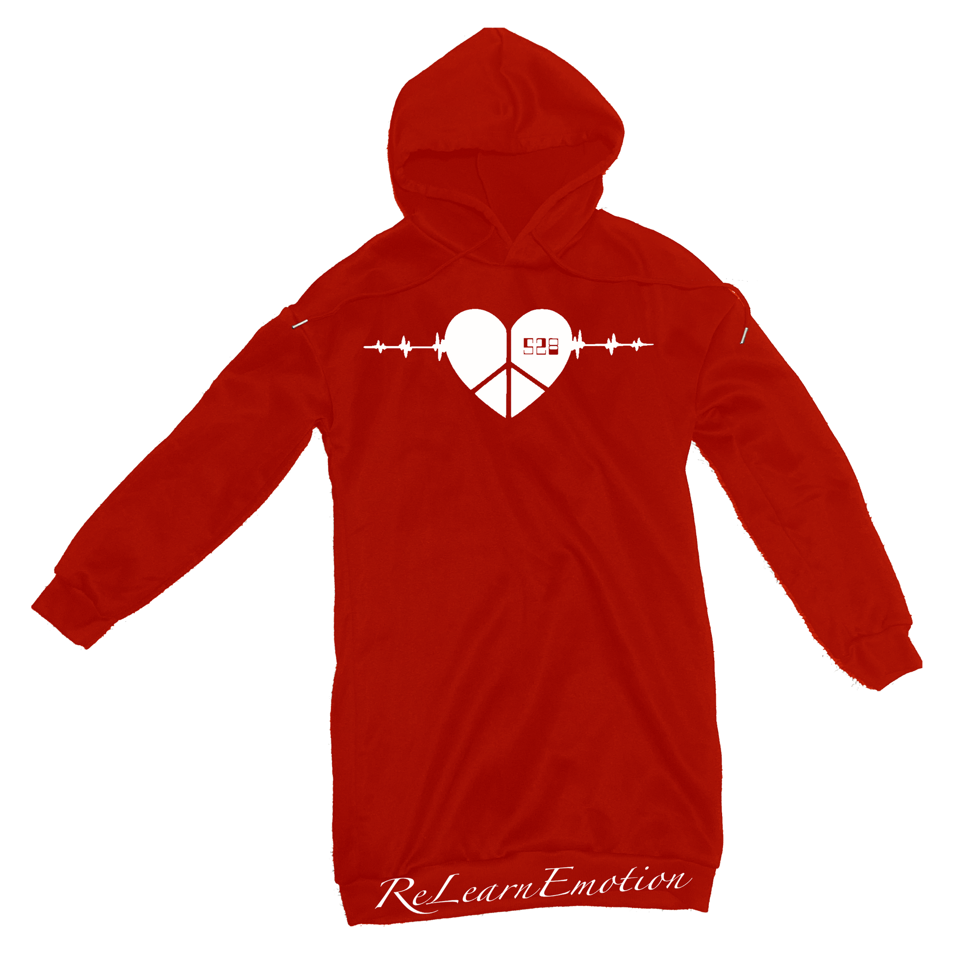 Shiny red long sleeve GSMUV hoodie dress with white 528 Alignmix Relearn Emotion logo with a heart and peace and love sign inside of the heart with volume frequencies coming from the sides of the heart.