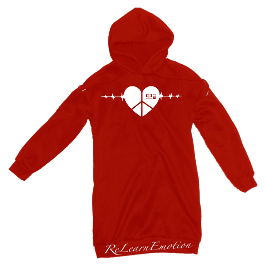 Shiny red long sleeve GSMUV hoodie dress with white 528 Alignmix Relearn Emotion logo with a heart and peace and love sign inside of the heart with volume frequencies coming from the sides of the heart.
