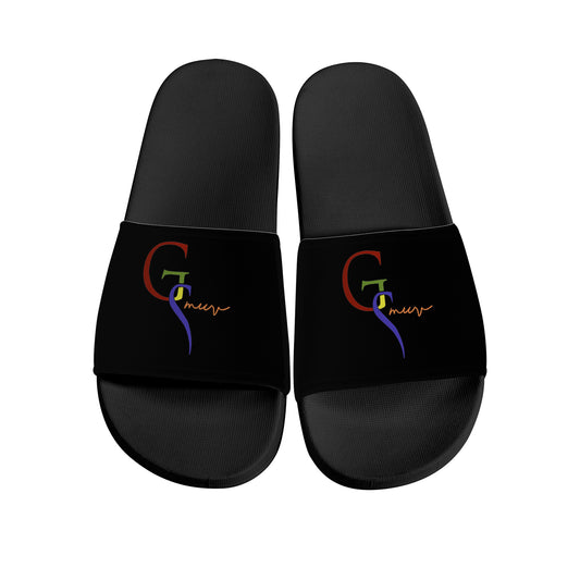 rich black slide sandals with GSMUV logo on top in the colors red blue yellow green and orange like the colors from google on a white canvas
