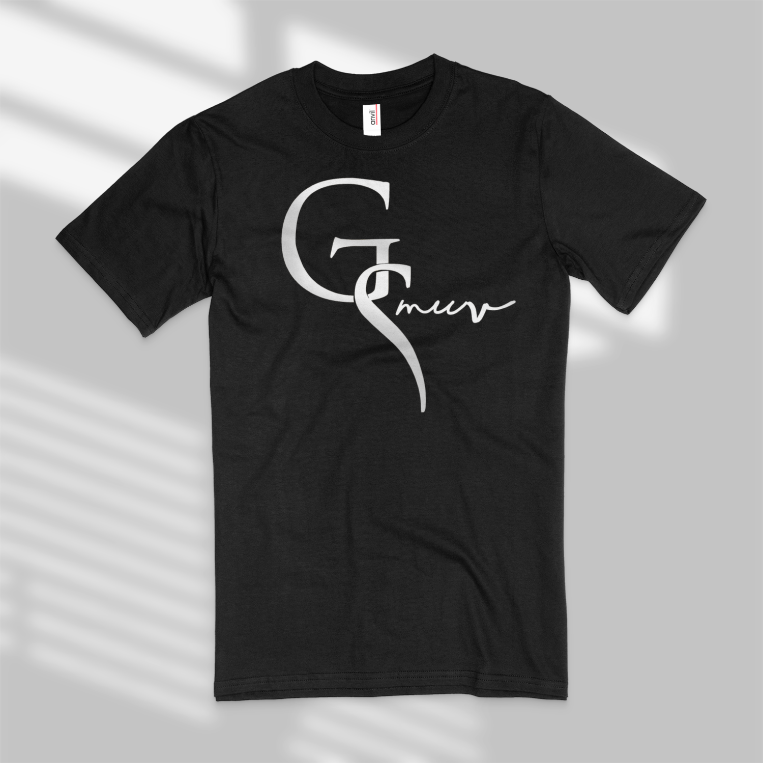 fabulous black t-shirt with white GSMUV logo on white background