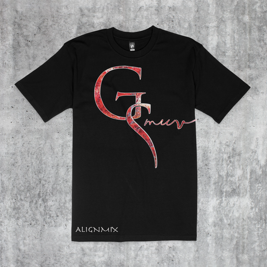 Plain black t-shirt with GSMUV logo on it traced in white with Alignmix written at the bottom of the shirt  made out of Jasper crystal stone on a white and gray stone canvas.