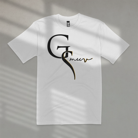 white t-shirt trend shirt with black GSMUV logo on white background