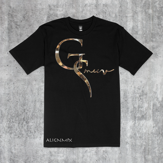 Very black t-shirt with GSMUV logo on it outlined in white made with Pyrite crystal stone with Alignmix written on the bottom of the shirt on a marble canvas