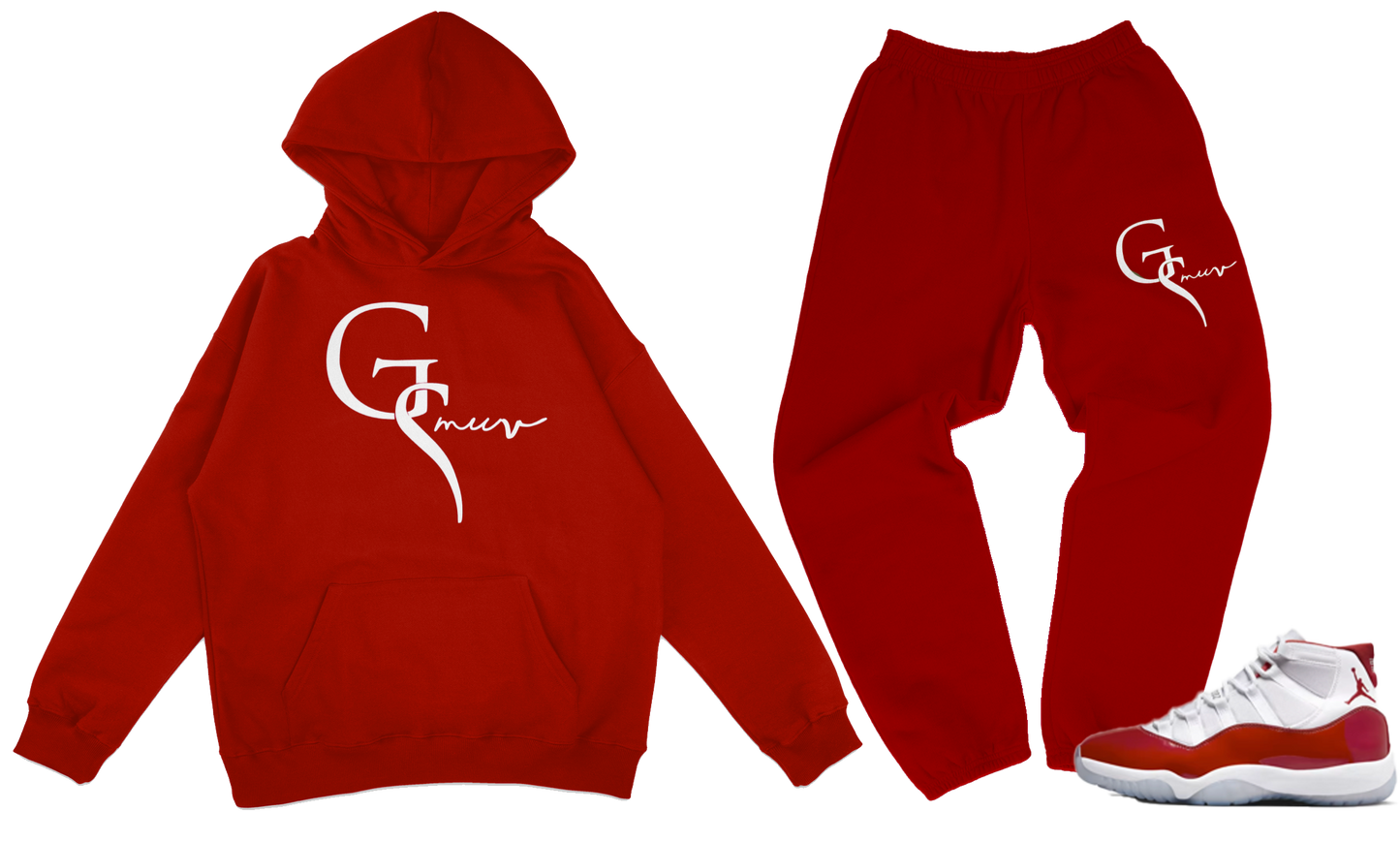 Red jogger set with white GSMUV logo.  red and white Jordan 11 retro Cherry