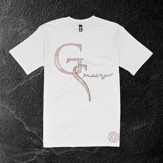 Classic white t-shirt with GSMUV logo on it made out of Rose Quartz crystal stone outlined in black with a pink heart chakra mantra at the bottom with a blackish gray marble background