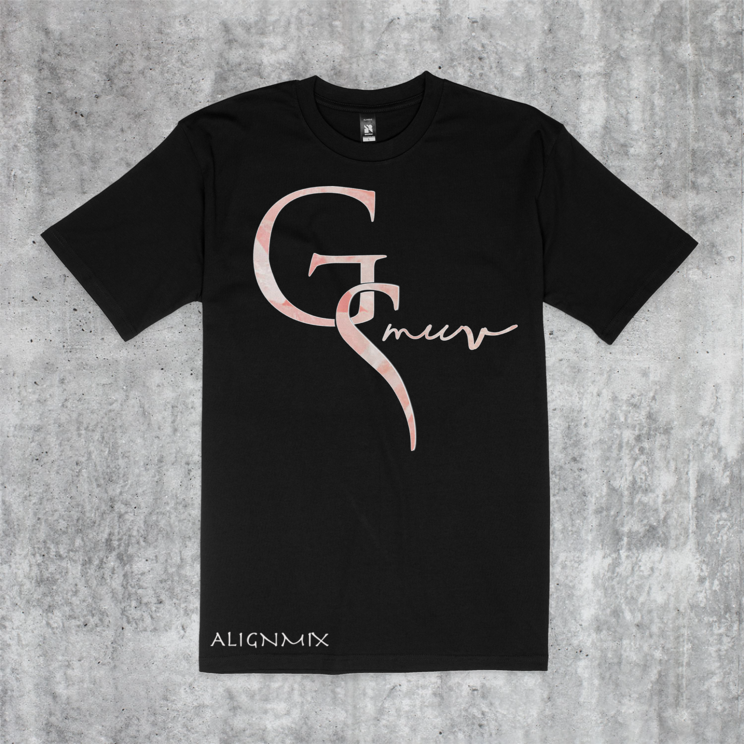New black t-shirt with GSMUV logo made out of Rose Quartz crystal stone with Alignmix written at the bottom of the shirt on a grayish white marble canvas