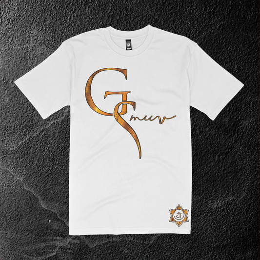 Solid white Alignmix t-shirt with GSMUV logo on it it traced in black made out of Tigers eye crystal stone with a sacral mantra symbol at the bottom on a stone black and white gradient canvas