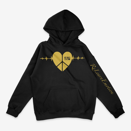Solid black GSMUV-Alignmix "528 ReLearn Emotion " Hoodie in gold letters on a white canvas
