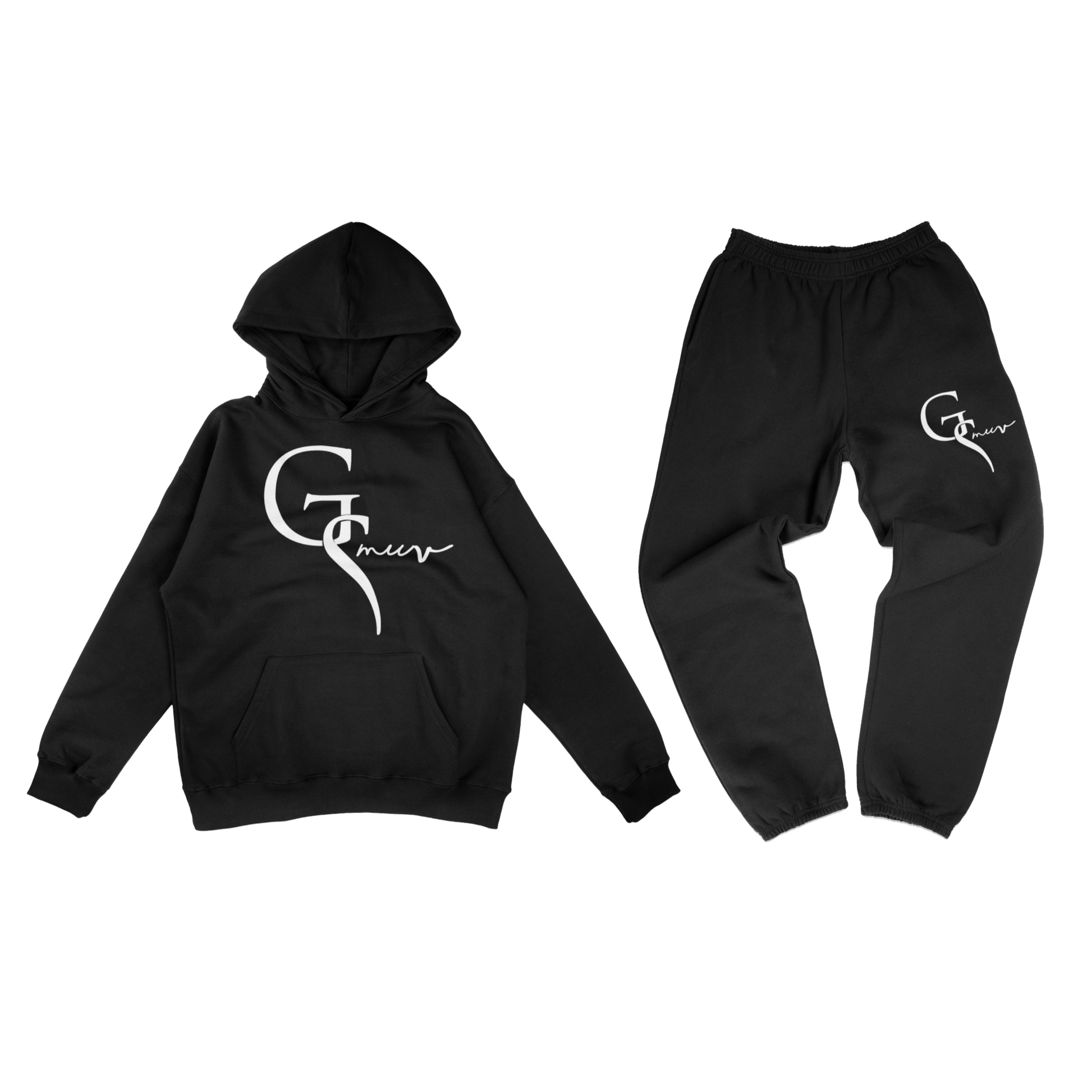 A black hoodie with a white GSMUV logo and black sweatpants. The hoodie has a white logo on the front that says "G". The sweatpants have a white GSMUV logo on the front left pocket.