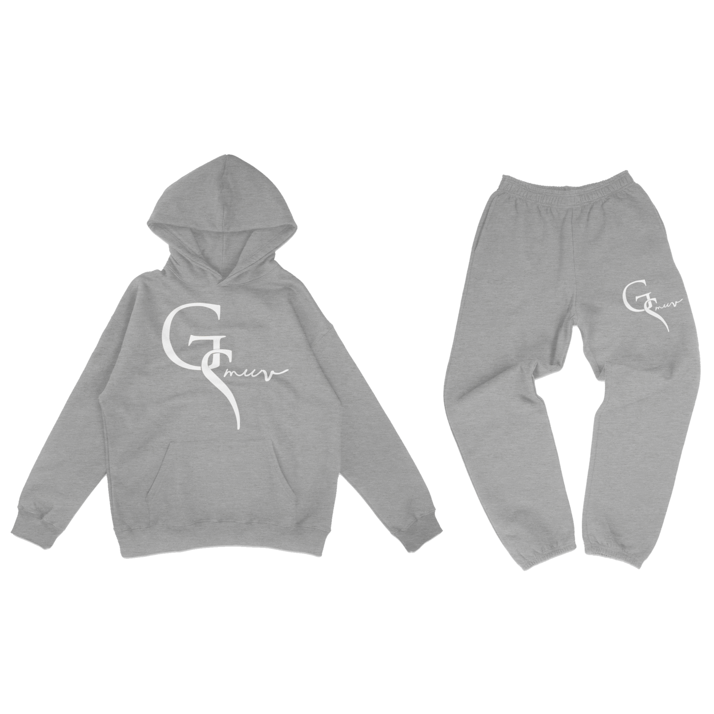 A gray hoodie and gray sweatpants. Both hoodie and sweatpants have a white GSMUV  logo on the front of them