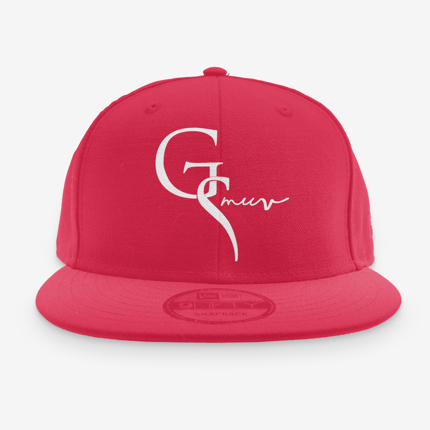 Red New Era hat with white logo of GSMUV