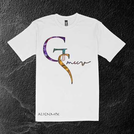 Trendy white T-shirt with GSMUV Alignmix logo with amethyst stone, Tigers Eye stone,  Jasper Stone, Pyrite stone, and rose quartz stone