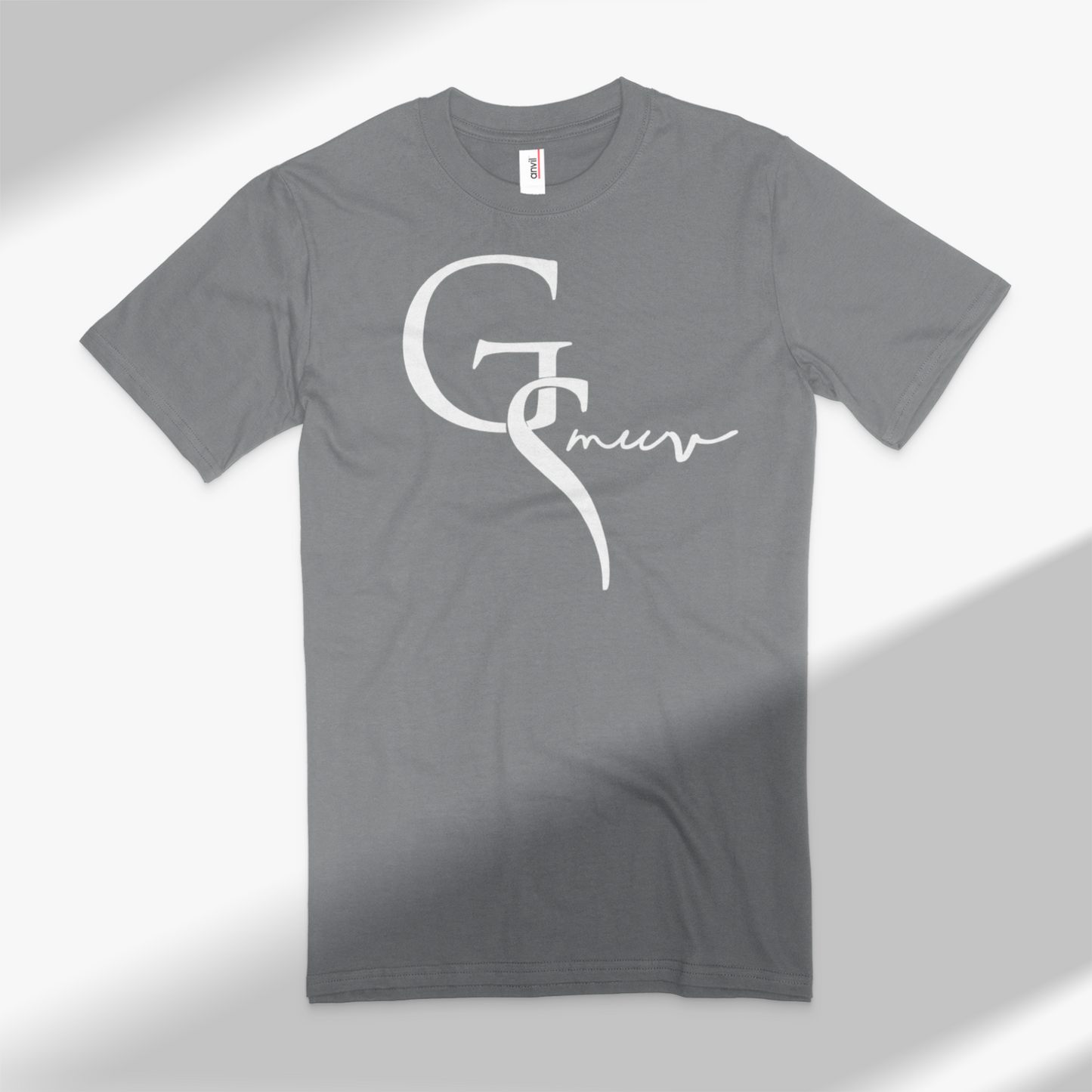 smooth gray t-shirt with white GSMUV logo, on a white background