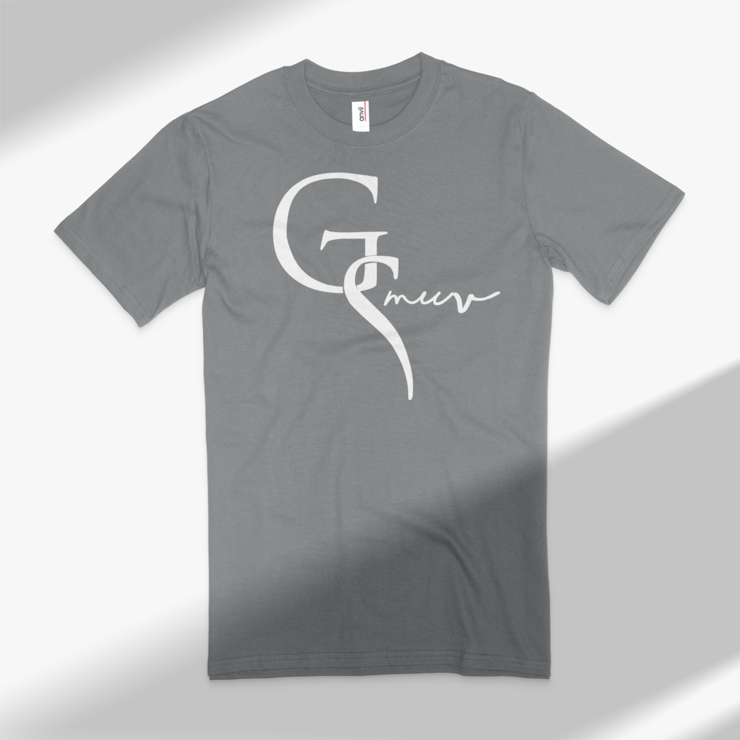 smooth gray t-shirt with white GSMUV logo, on a white background