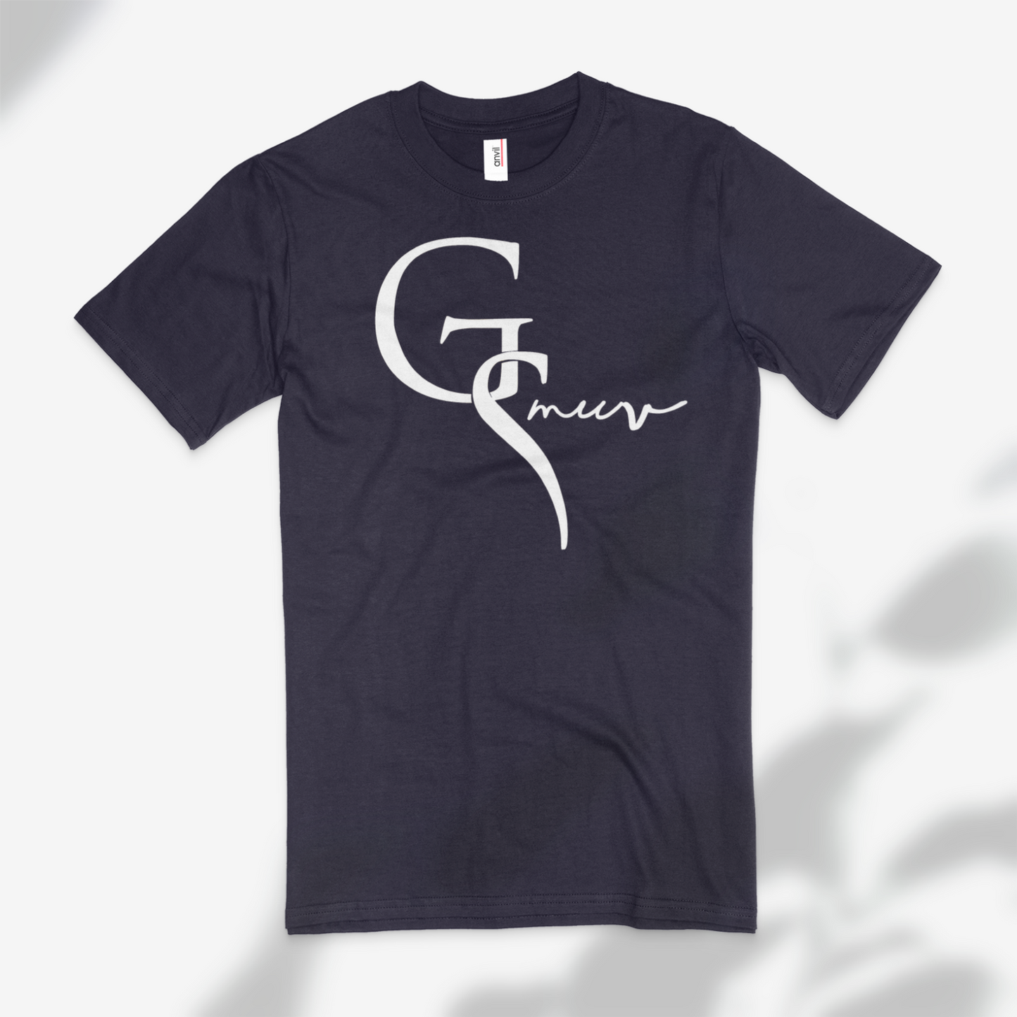 fresh navy blue t-shirt with GSMUV logo on it with a white background