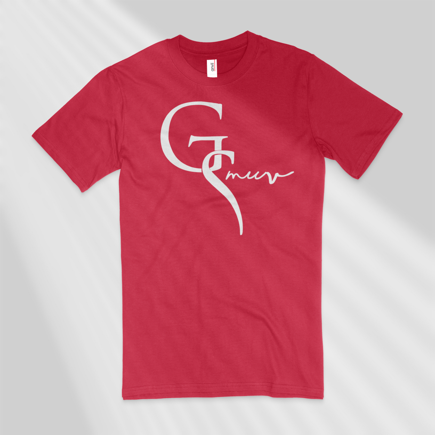 hot red t-shirt with white GSMUV logo, on a white background