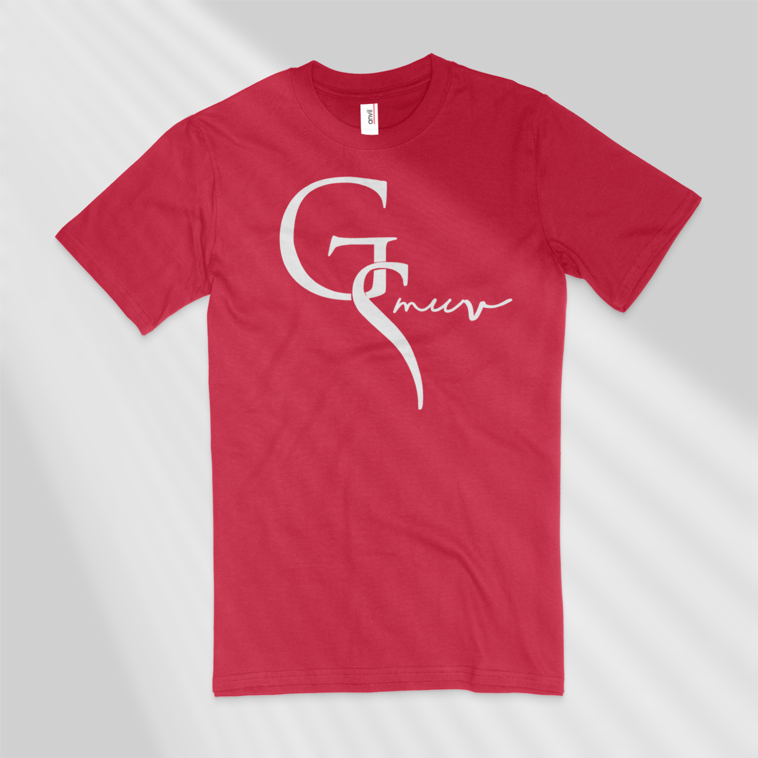hot red t-shirt with white GSMUV logo, on a white background