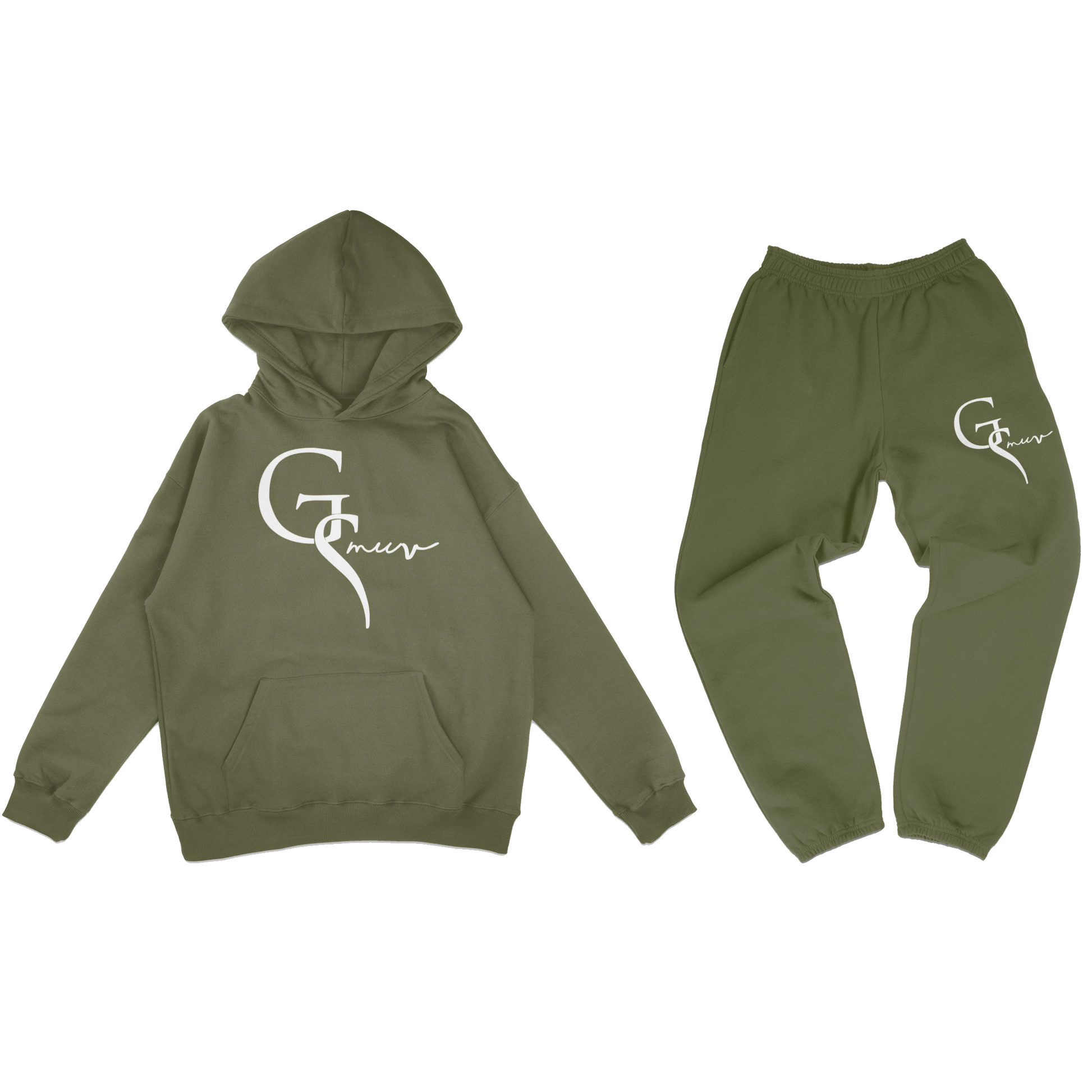 Olive green jogger set with white GSMUV logo on the front side of both clothing items