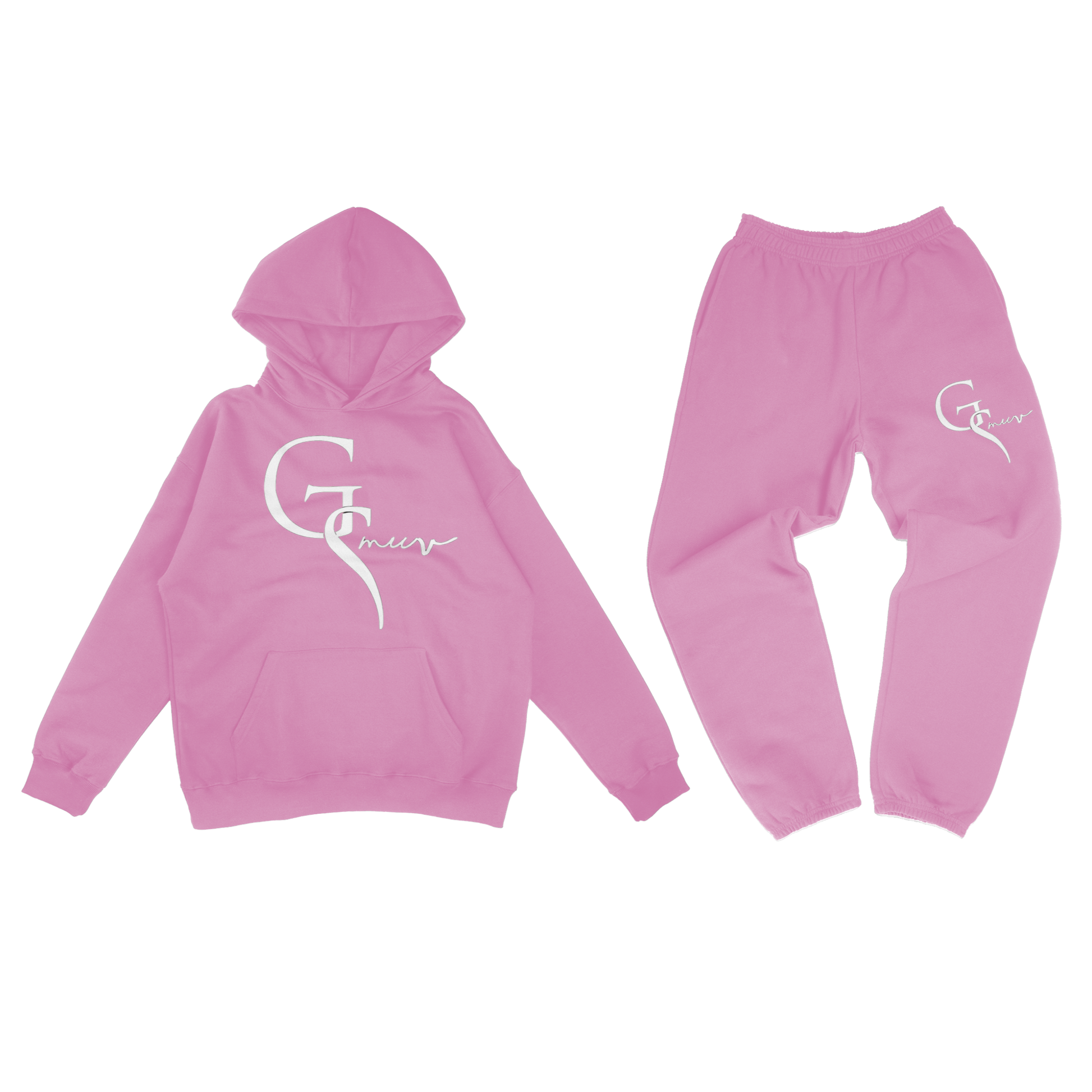 A pink hoodie top with a pink bottom jogger set with white GSMUV logo embed on both items of clothing with transparent background