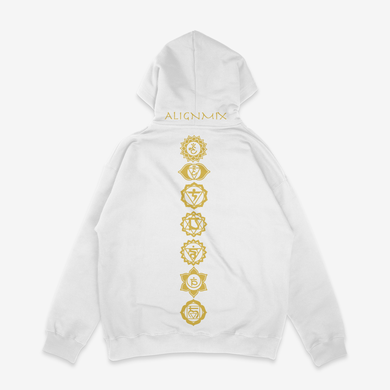 New white GSMUV-Alignmix "528 ReLearn Emotion " Hoodie in gold letters with the 7 chakra symbols showing the back of the image on a white canvas
