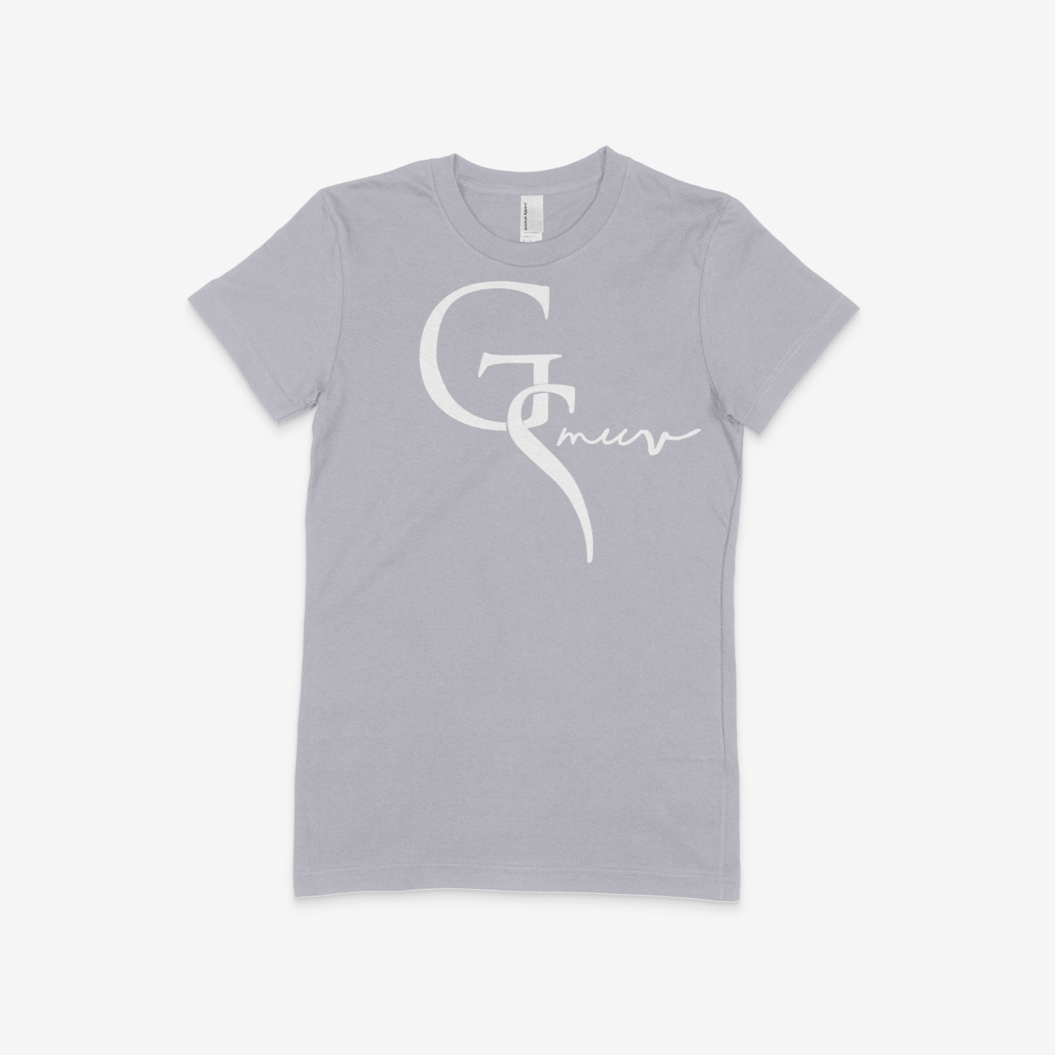 All gray colored women t-shirt with a white GSMUV logo on the frontside on a white canvas 